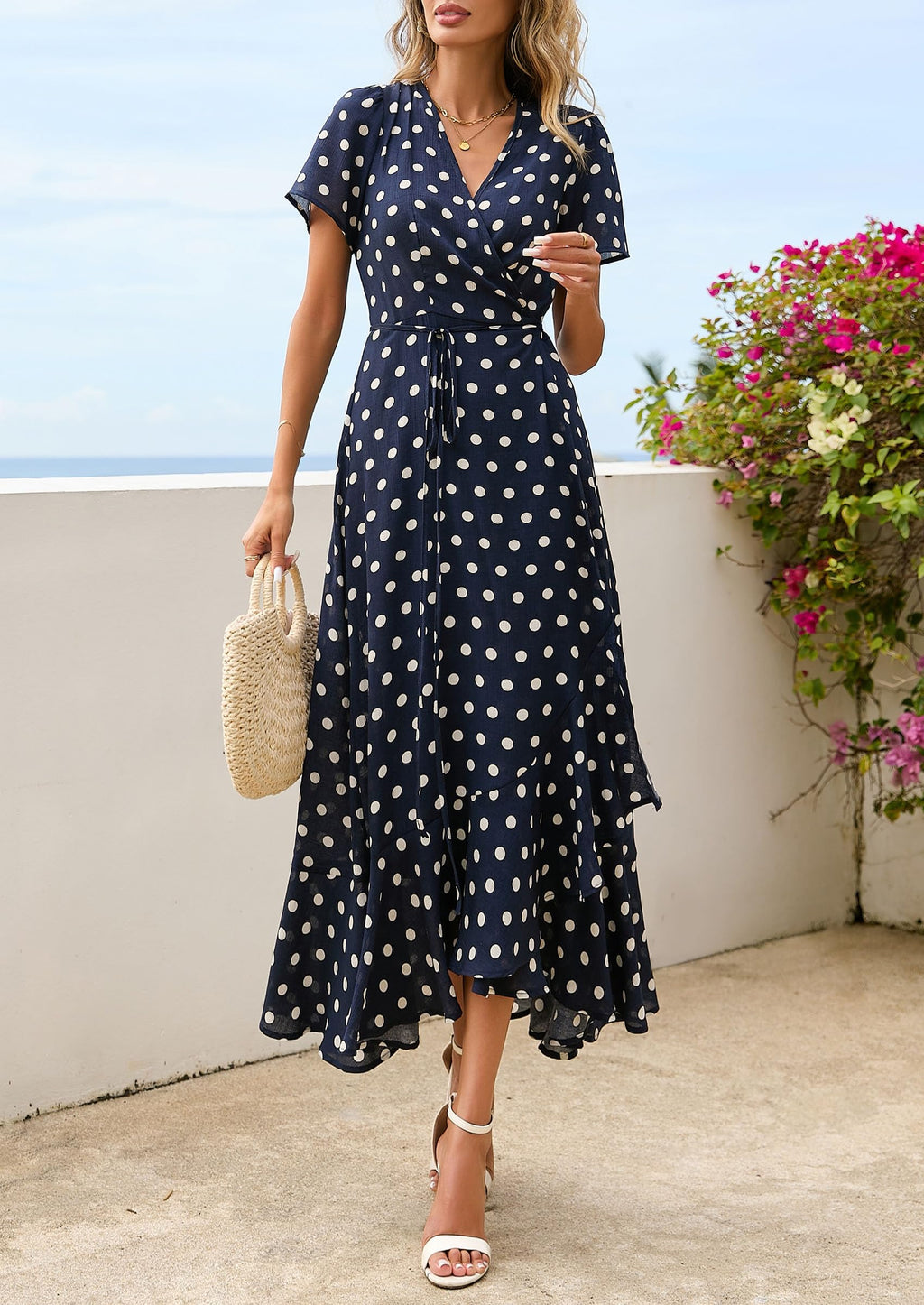 PRETTYGARDEN Women's Summer Maxi Dress Casual Wrap Floral Boho Short Sleeve V Neck Split Ruffle Beach Long Dresses