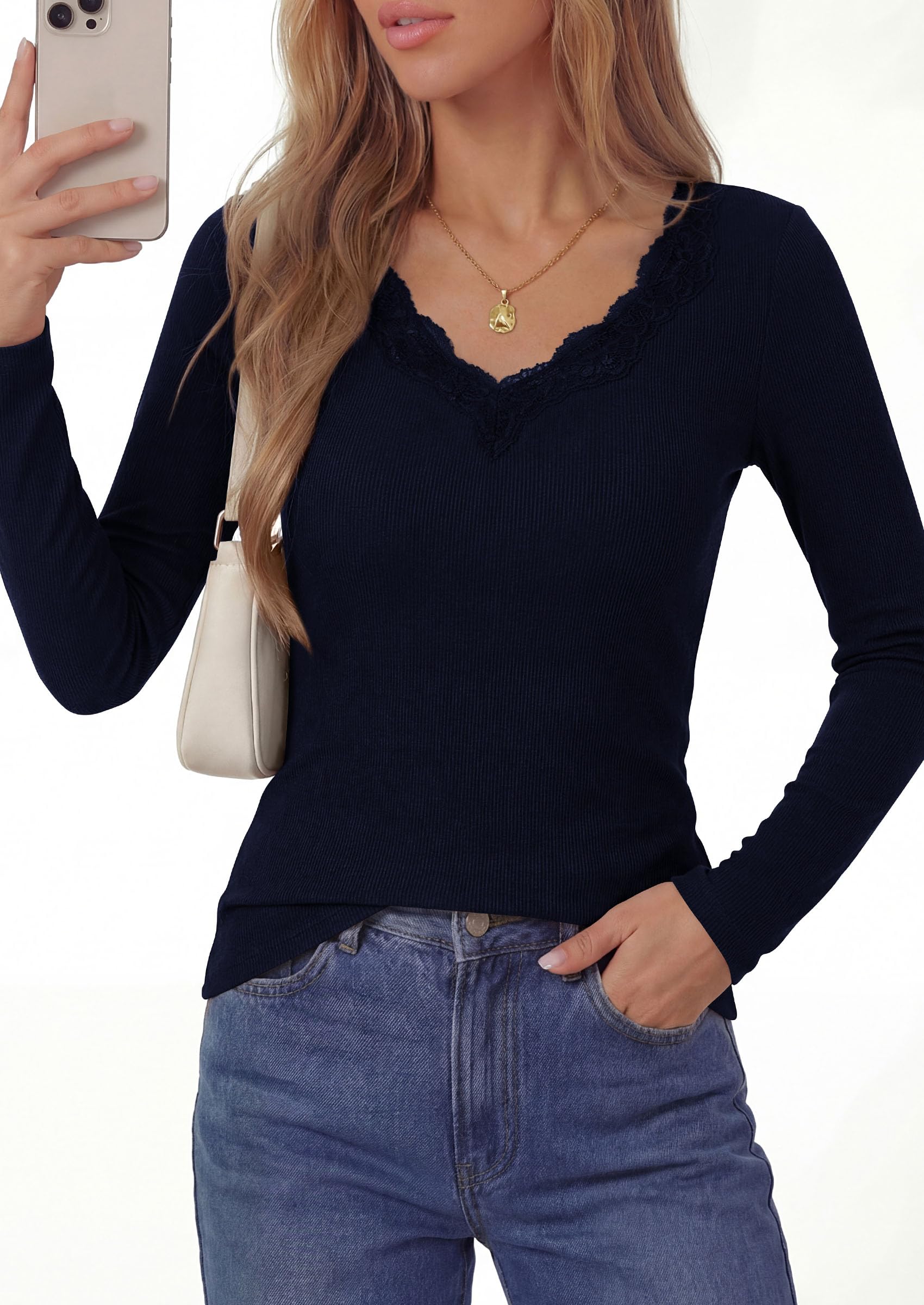 PRETTYGARDEN Women's Fall Trendy Bell Long Sleeve Tops | Soft Stretchy,Ribbed Textured,V Neck,Slim Fitted Shirts,Ruched Basic Tees,Y2K Going Out,Casual Outfits,Fashion Clothing