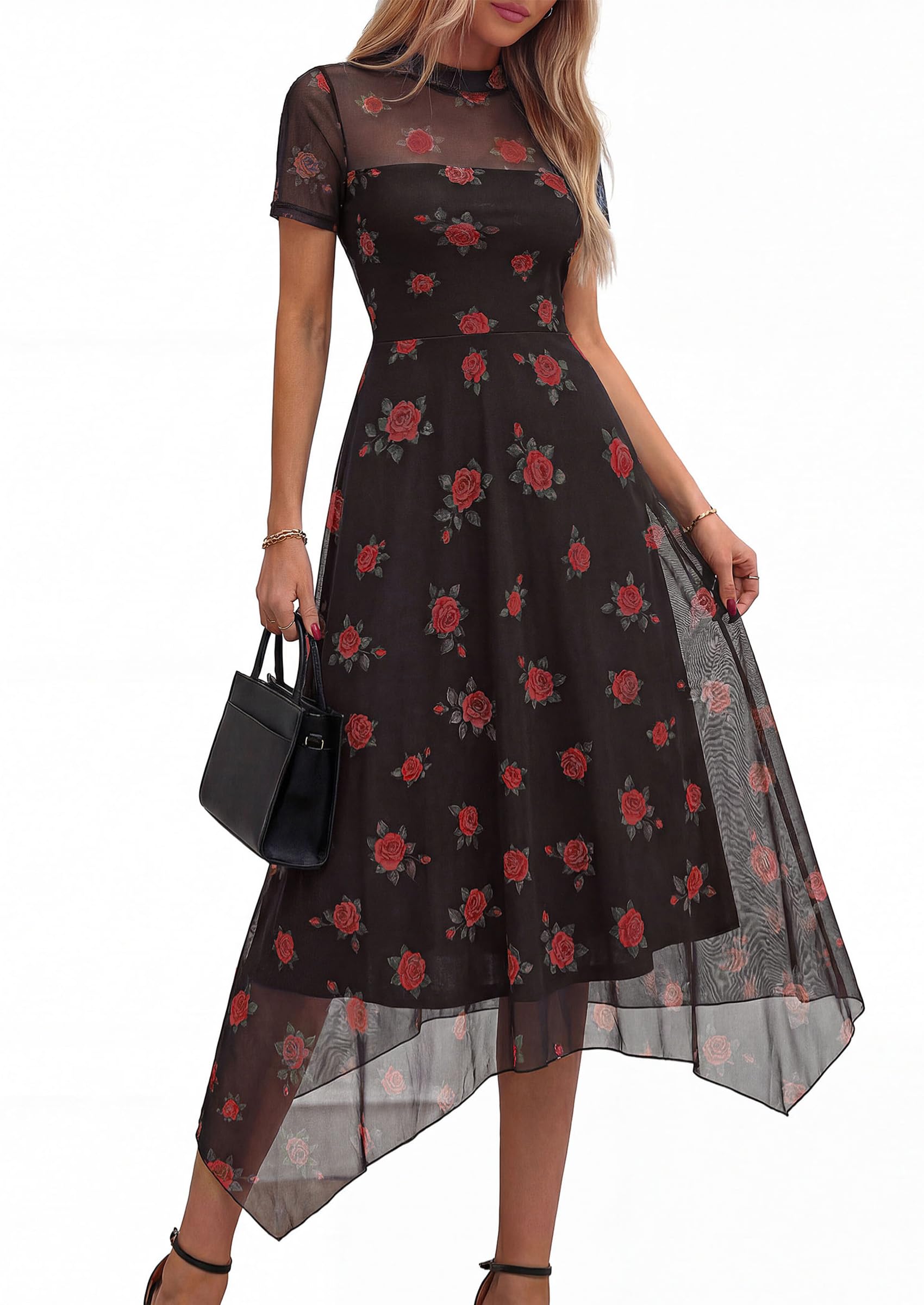 PRETTYGARDEN Cocktail Dresses for Women  Summer Short Sleeve Floral Mesh Sheer Midi Party Wedding Guest Dress