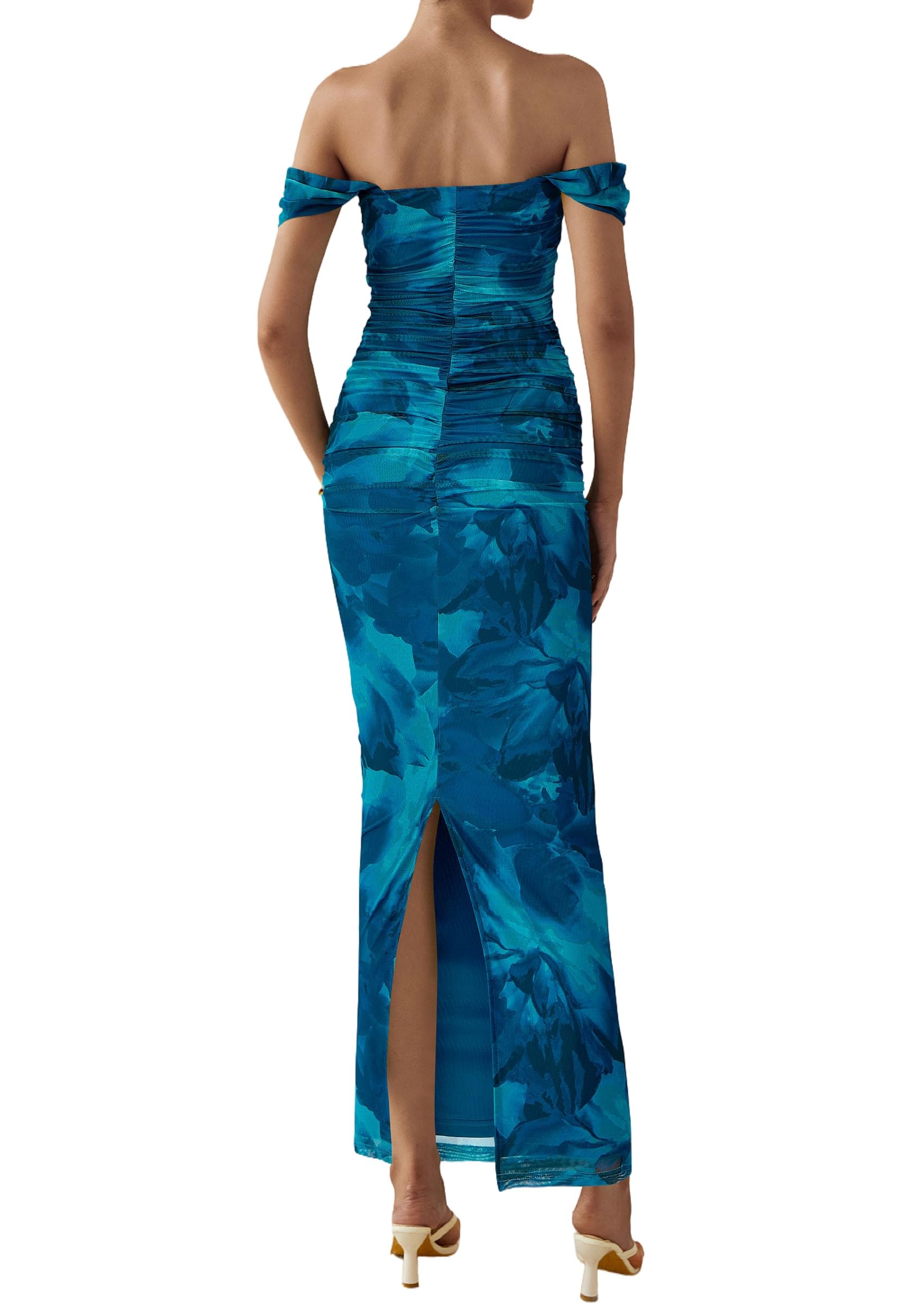 PRETTYGARDEN Cocktail Dresses for Women Summer Floral Off Shoulder Ruched Mesh Elegant Wedding Guest Maxi Dress