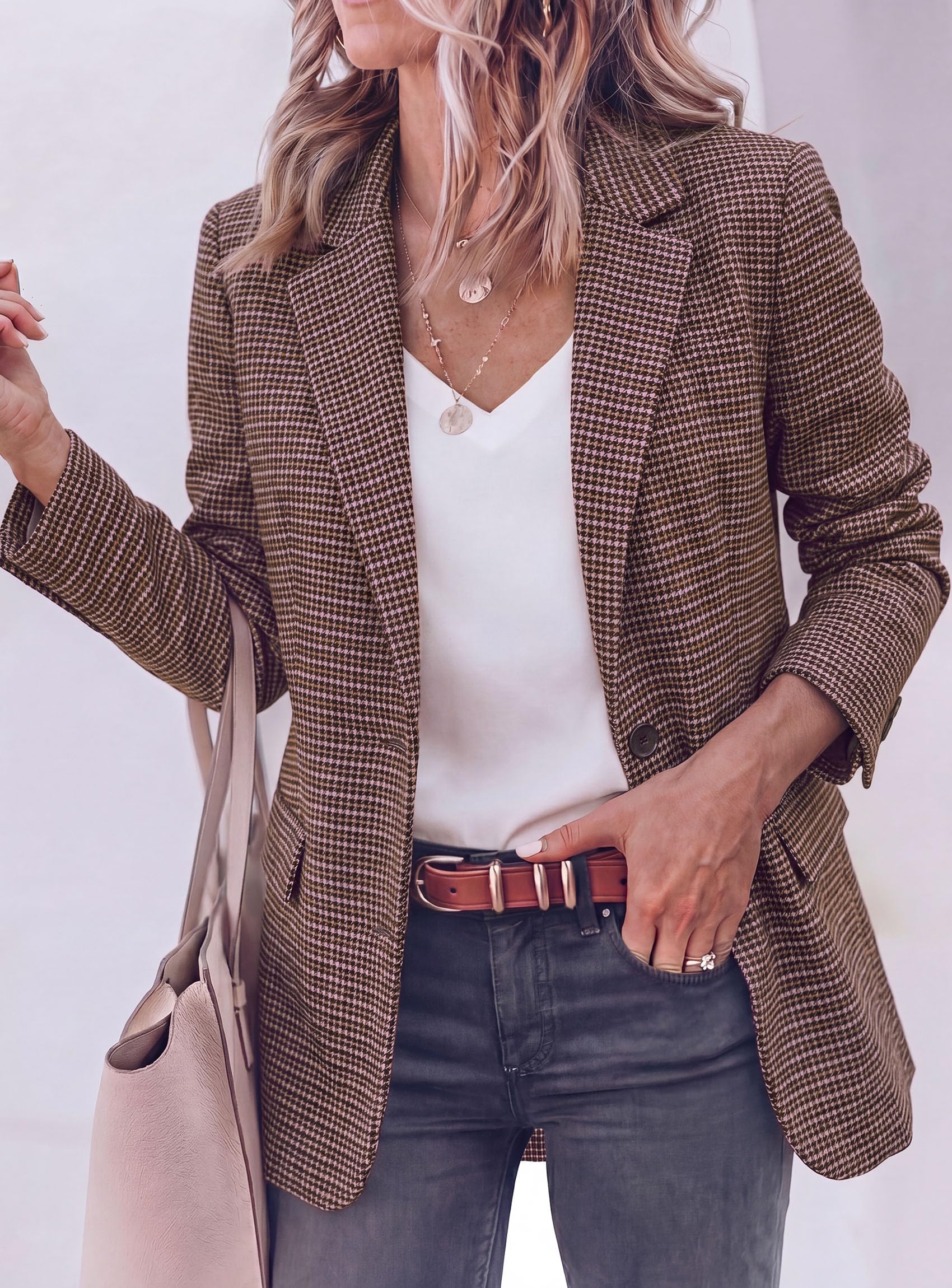 PRETTYGARDEN Fall Blazers for Women Business Casual | Long Sleeve Plaid Houndstooth, Notch Lapel Pockets, Oversized Blazer Outerwear, Trendy Suit Jackets, 2026 Winter Work Outfits