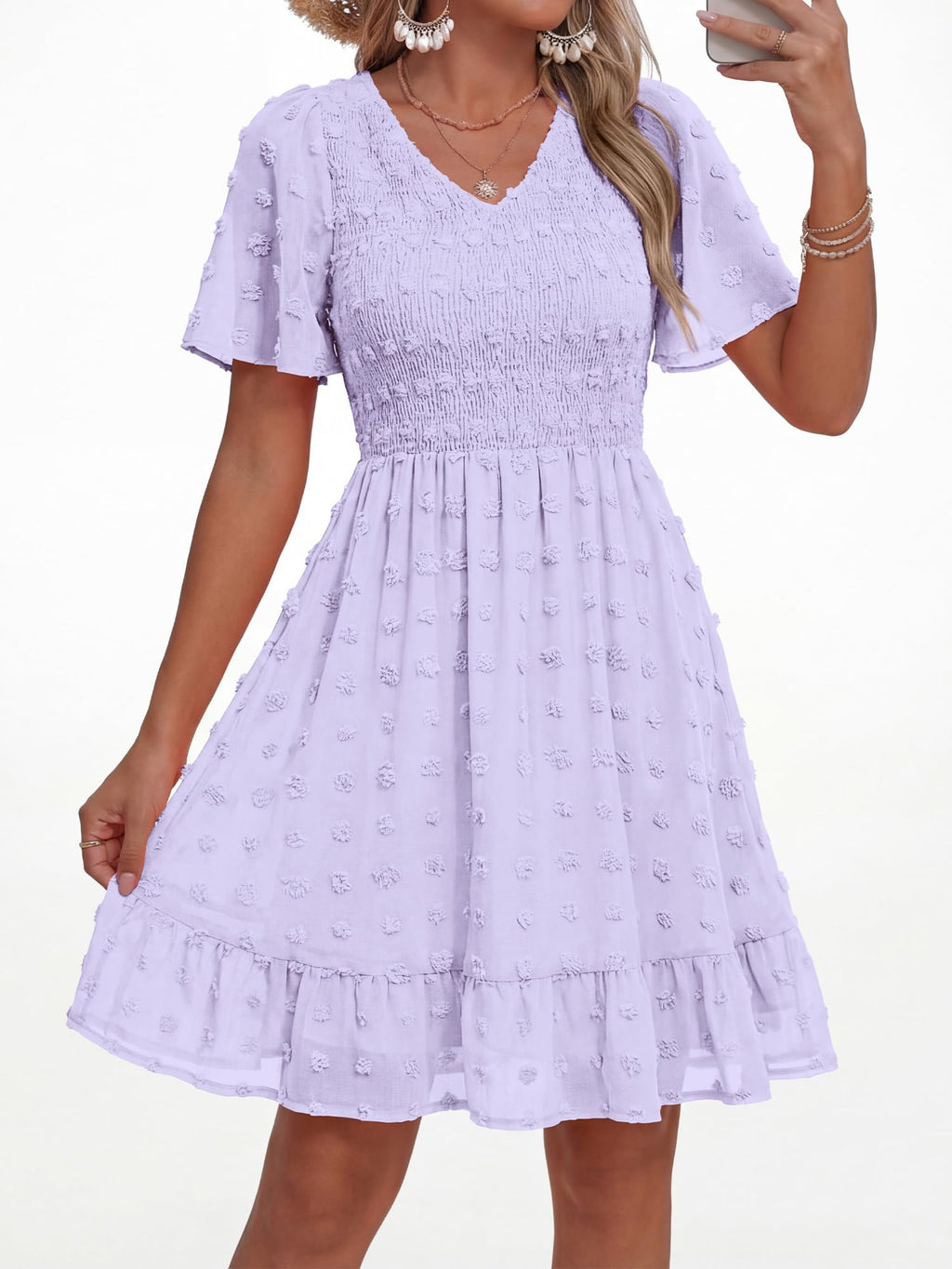FreshPretty Womens Beach Vacation Dress Summer V Neck Short Sleeve Smocked Swiss Dot Ruffle Casual Mini Spring Dresses