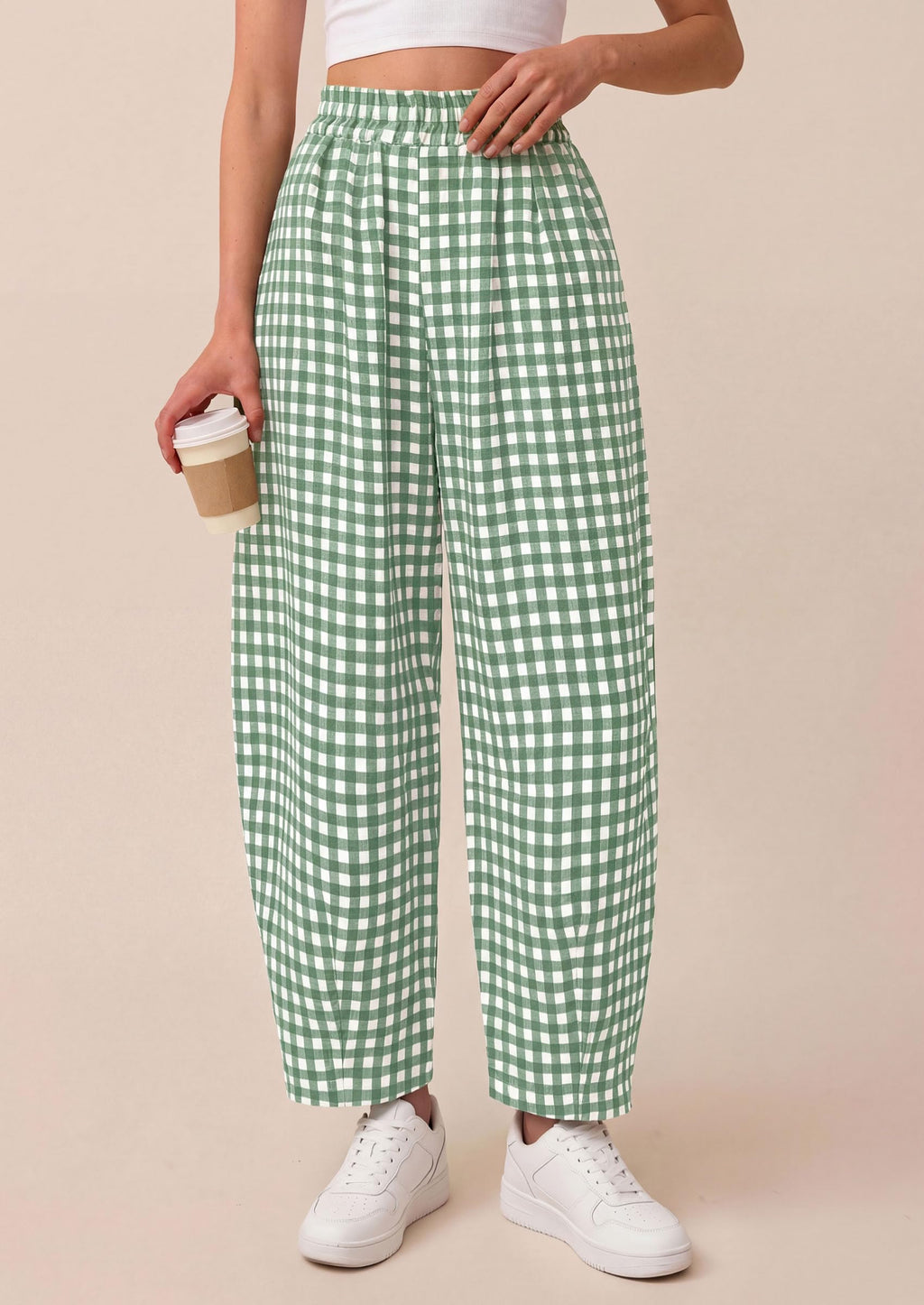 PRETTYGARDEN Plaid Barrel Pants Women Summer Casual Loose Wide Leg Lounge Gingham Trousers Spring Fashion Beach Bottoms