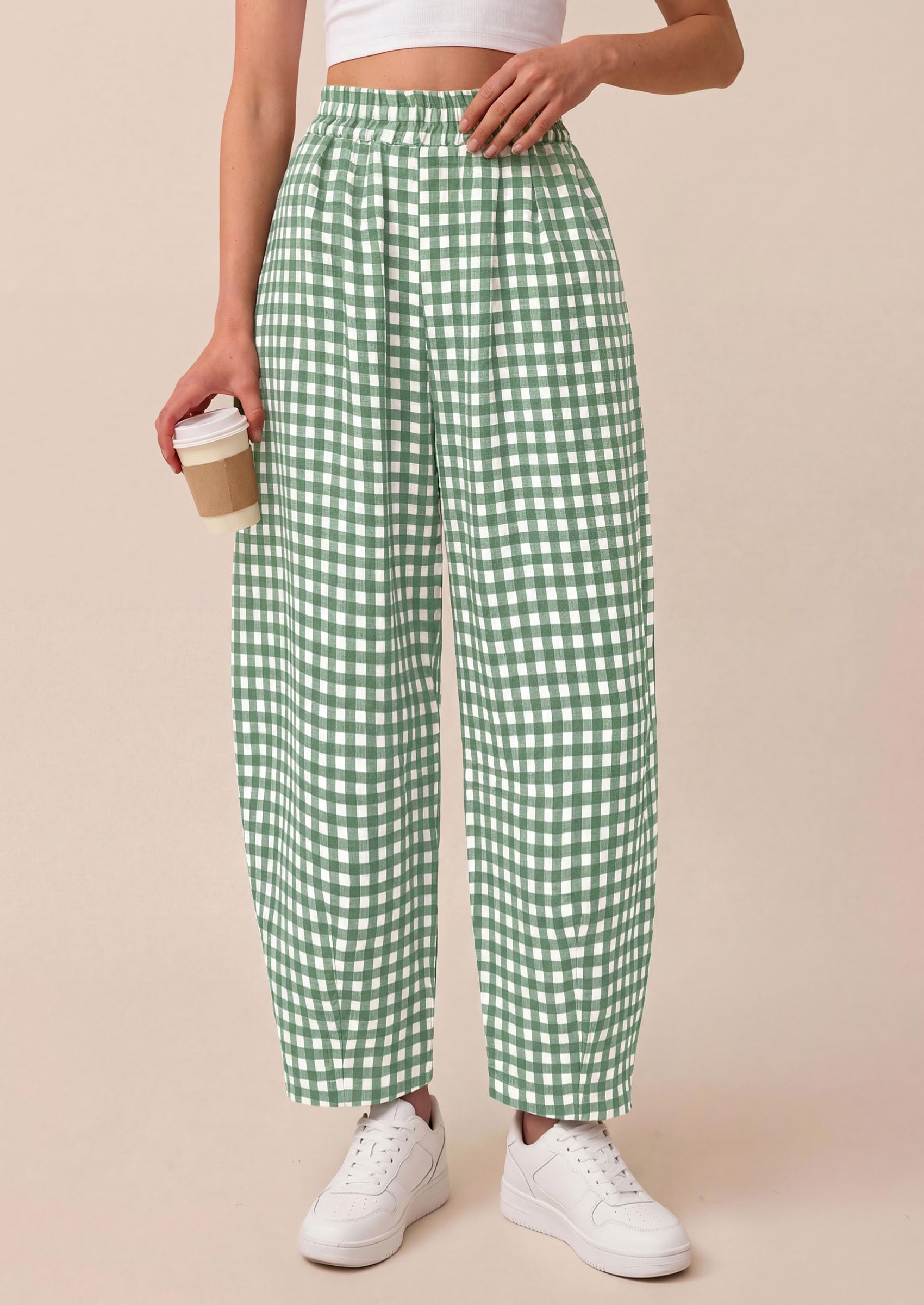 PRETTYGARDEN Plaid Barrel Pants Women Summer Casual Loose Wide Leg Lounge Gingham Trousers Spring Fashion Beach Bottoms