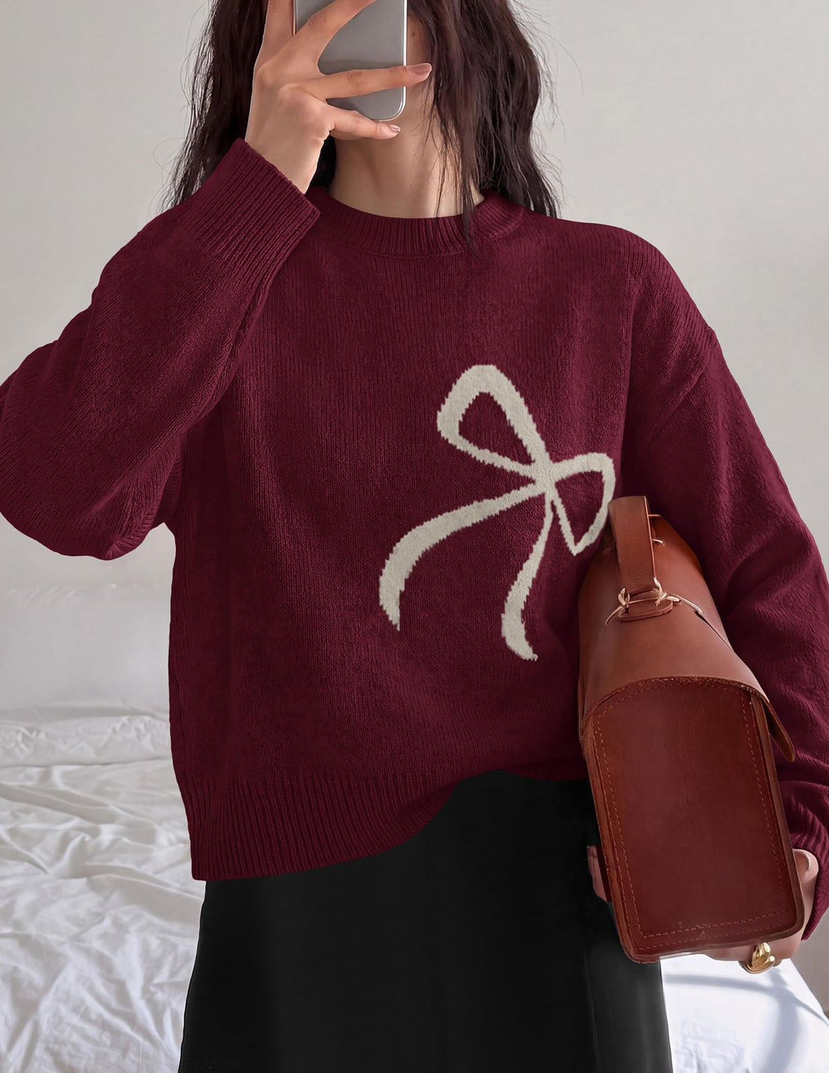 PRETTYGARDEN Womens Bow Sweater Cute Crewneck Long Sleeve Tops Fall Soft Cozy Knit Pullover,Relaxed Fit,Holiday Sweaters,Daily Wear,Work Office,Casual Going Out Y2k Tops,Winter Fashion Clothing