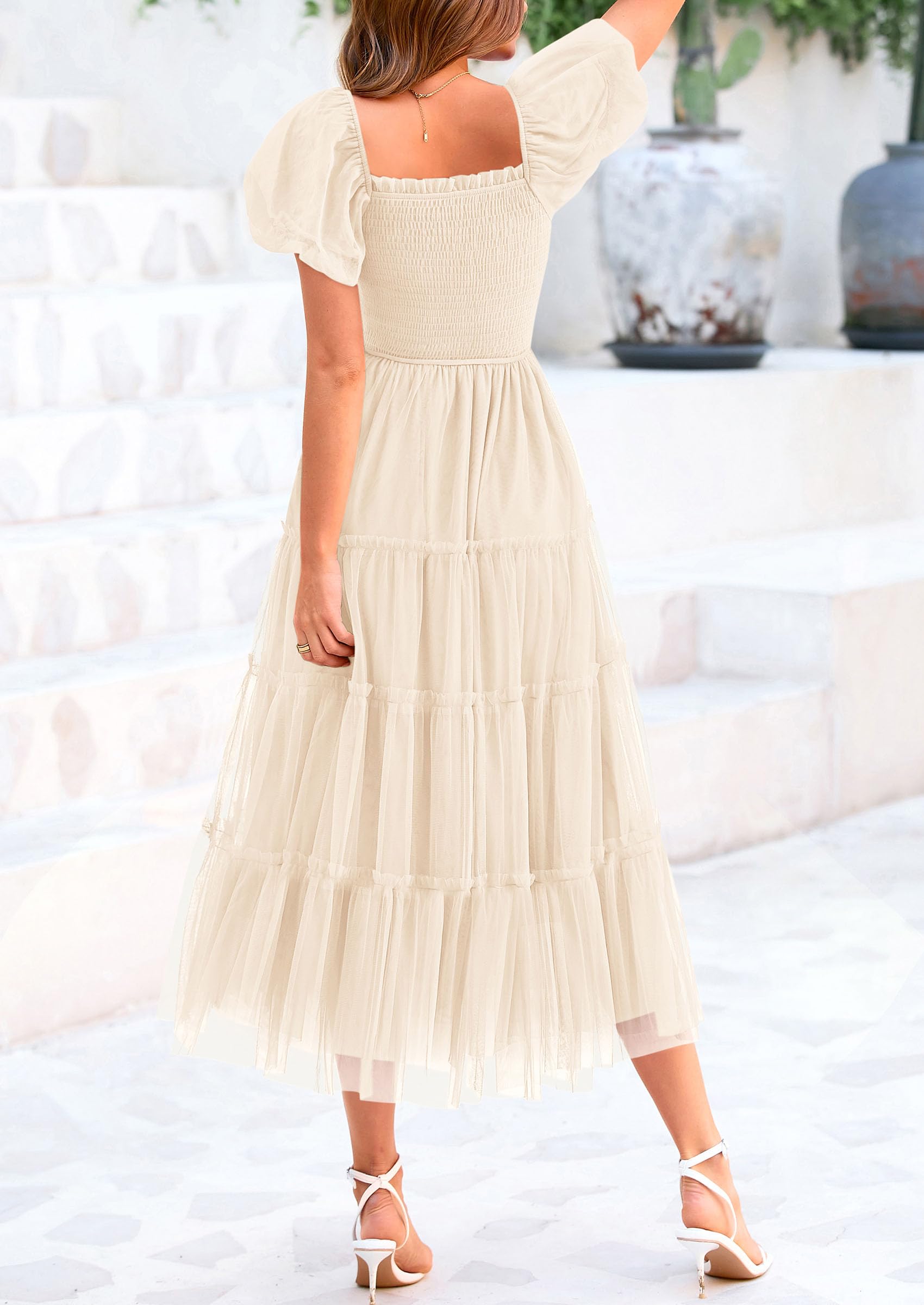 PRETTYGARDEN Women's Smocked Midi Tulle Dress  Summer Puffy Short Sleeve Square Neck Ruffle Wedding Guest Party Dresses