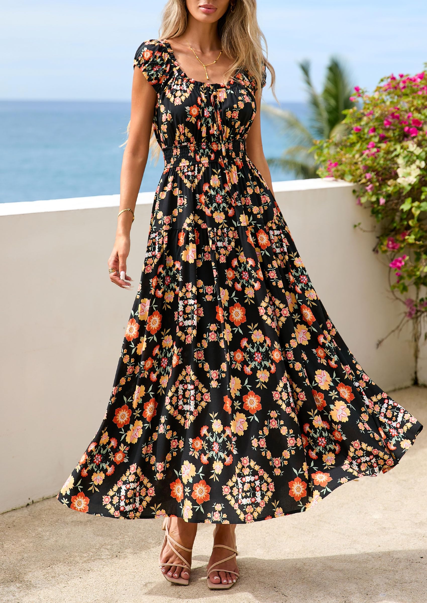 PRETTYGARDEN Boho Maxi Dresses for Women  Summer Floral Wedding Guest Dress Resort Wear Spring Long Flowy Beach Sundress