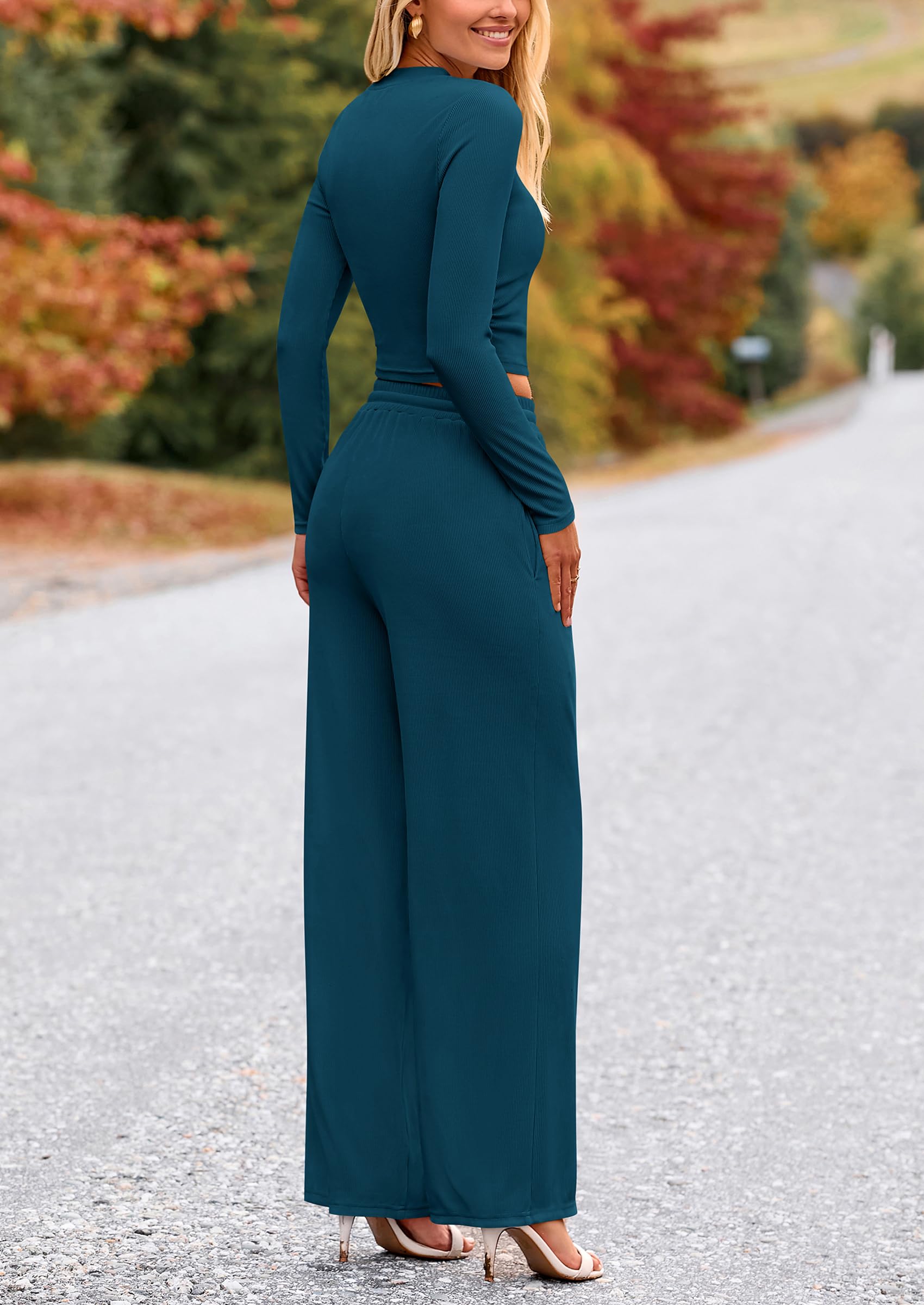 PRETTYGARDEN Women's 2 Piece Loungewear Long Sleeve Crop Top Wide Leg Palazzo Pants Set Tracksuits Casual Outfit