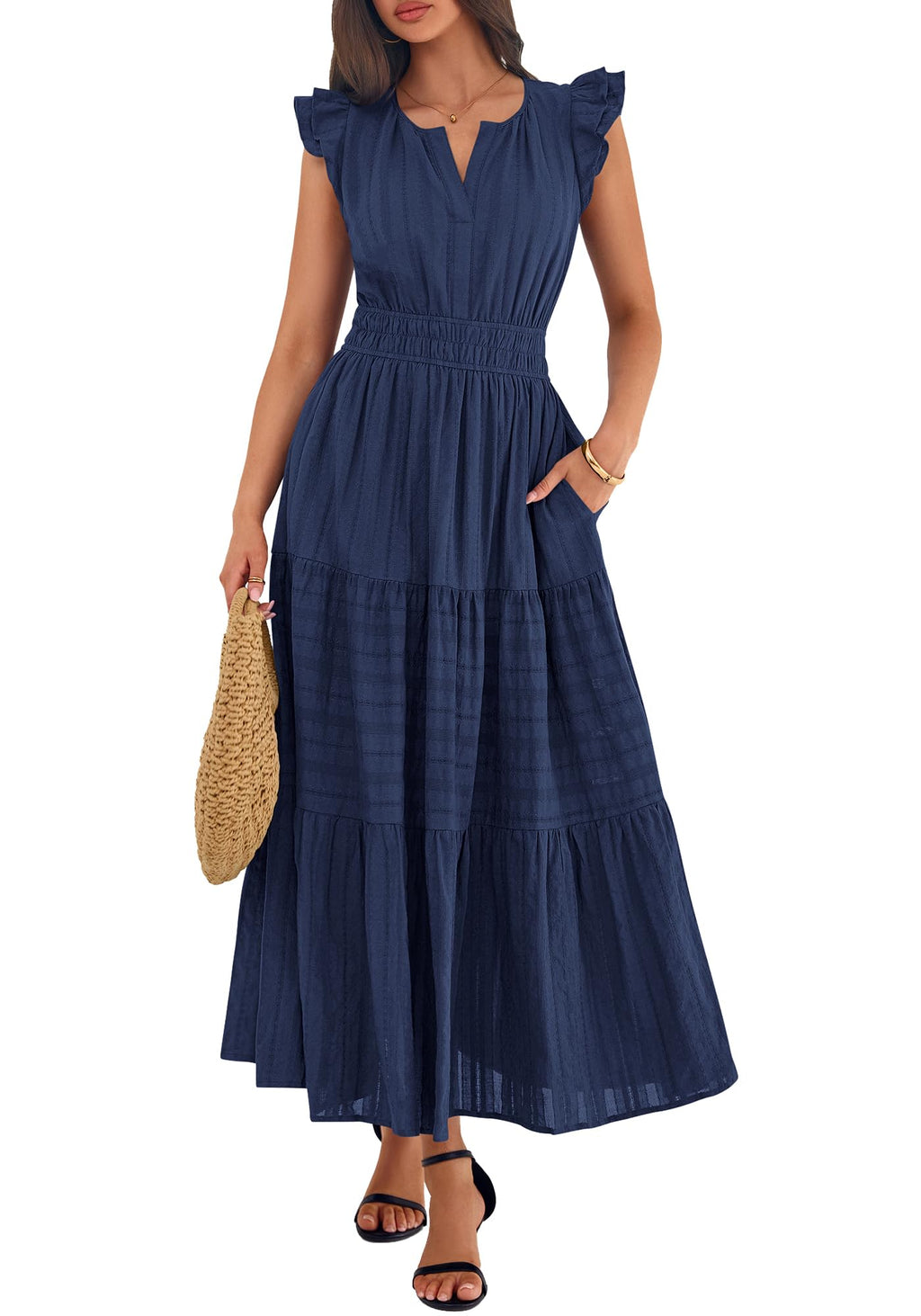 BTFBM Womens Summer Maxi Dress  Spring Boho Vacation Ruffle Flutter Short Sleeve A Line Tiered Flowy Dresses Pockets