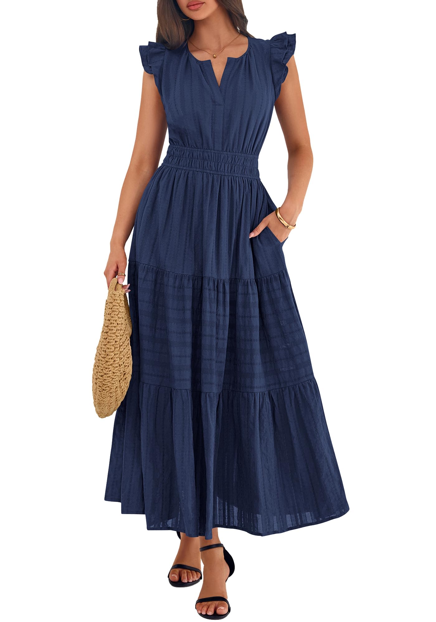 BTFBM Womens Summer Maxi Dress  Spring Boho Vacation Ruffle Flutter Short Sleeve A Line Tiered Flowy Dresses Pockets
