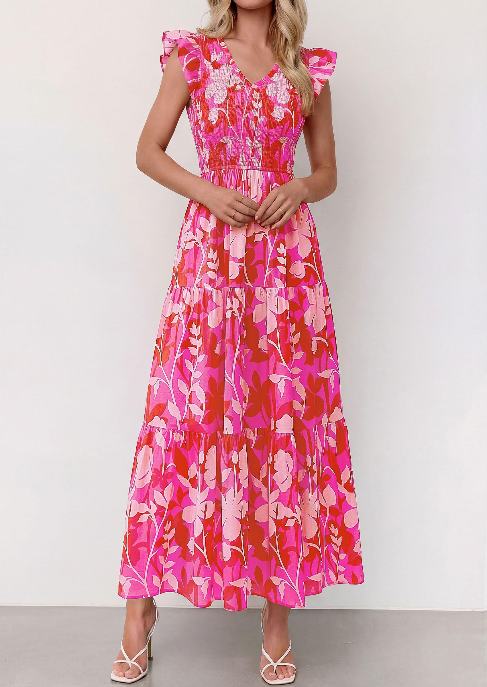 PRETTYGARDEN Women's Boho Floral Maxi Dress Summer Smocked V Neck Ruffle Sleeve Spring Flowy Beach Vacation Sundresses