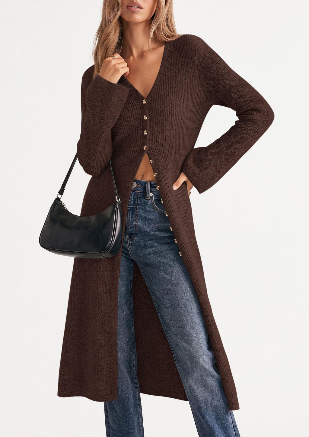 PRETTYGARDEN Women Long Cardigan Bell Sleeve Sweater Dress Early Fall Fashion, V Neck Button Down Coats, Fit and Flare, Duster Sweater, Acrylic Cotton Blend