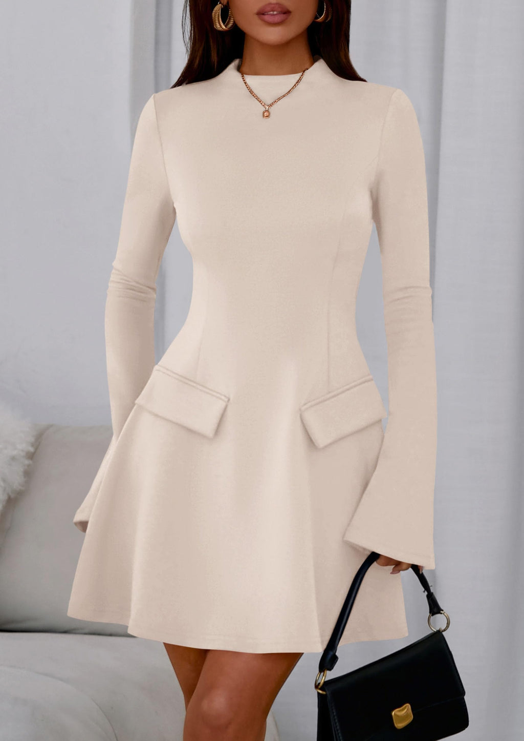 PRETTYGARDEN Women's Elegant Holiday Short Dress  Fall Bell Long Sleeve Mock Neck Work Business Casual Party Mini Dress