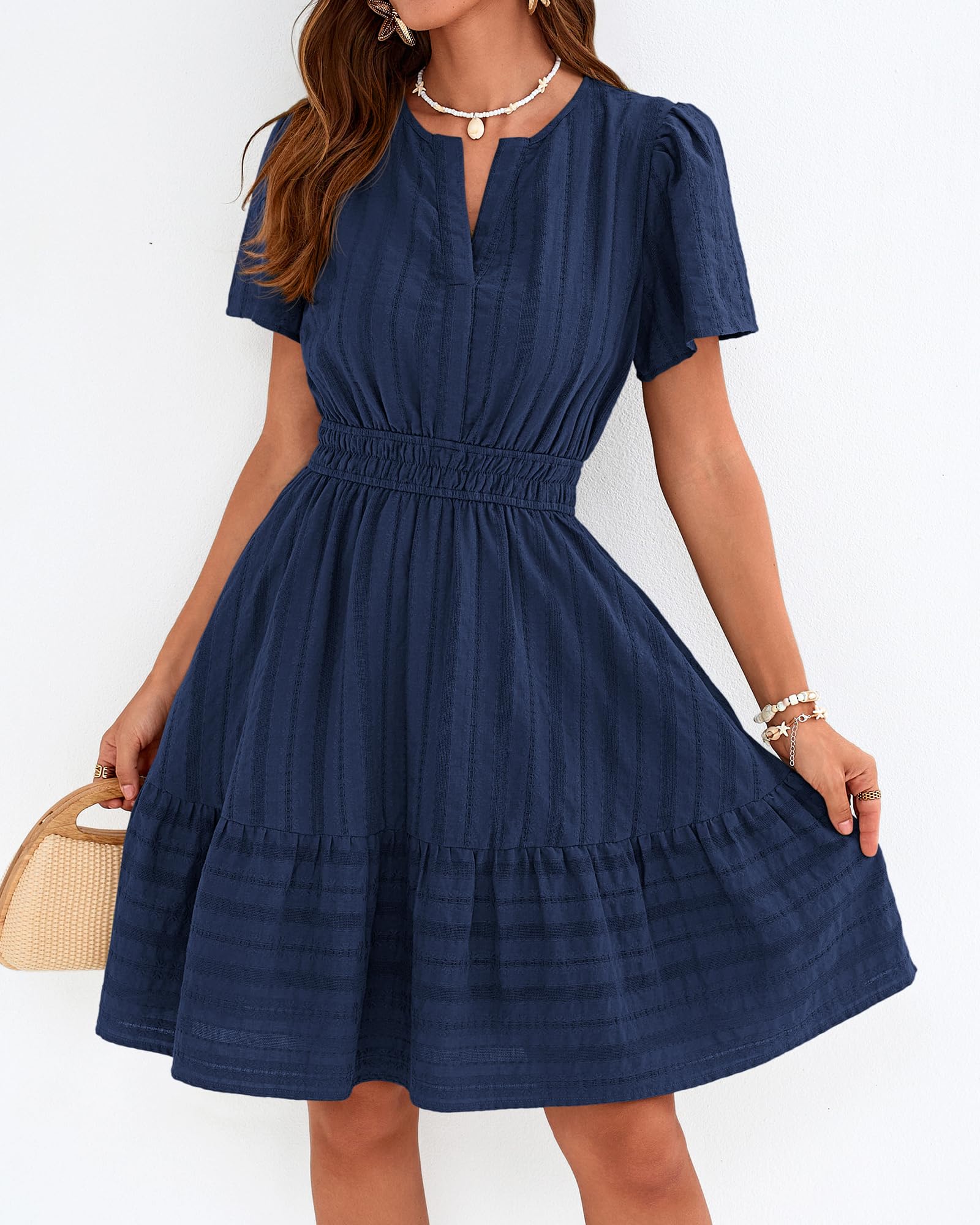 BTFBM Womens Spring  Casual Mini Dresses Lightweight Short Sleeve V Neck Elastic Waist Cute Boho Beach Dress Pockets