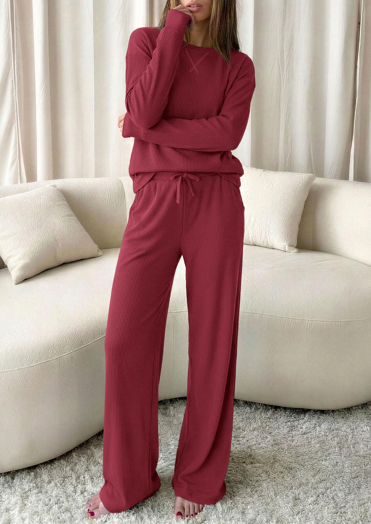 PRETTYGARDEN Sweatsuits Women 2 Piece Airport Travel Outfits | Ribbed Knit Lounge Sets, Casual Athleisure Wear, Matching Long Sleeve Shirts & Wide Leg Pants Pockets, Fall Winter Clothes