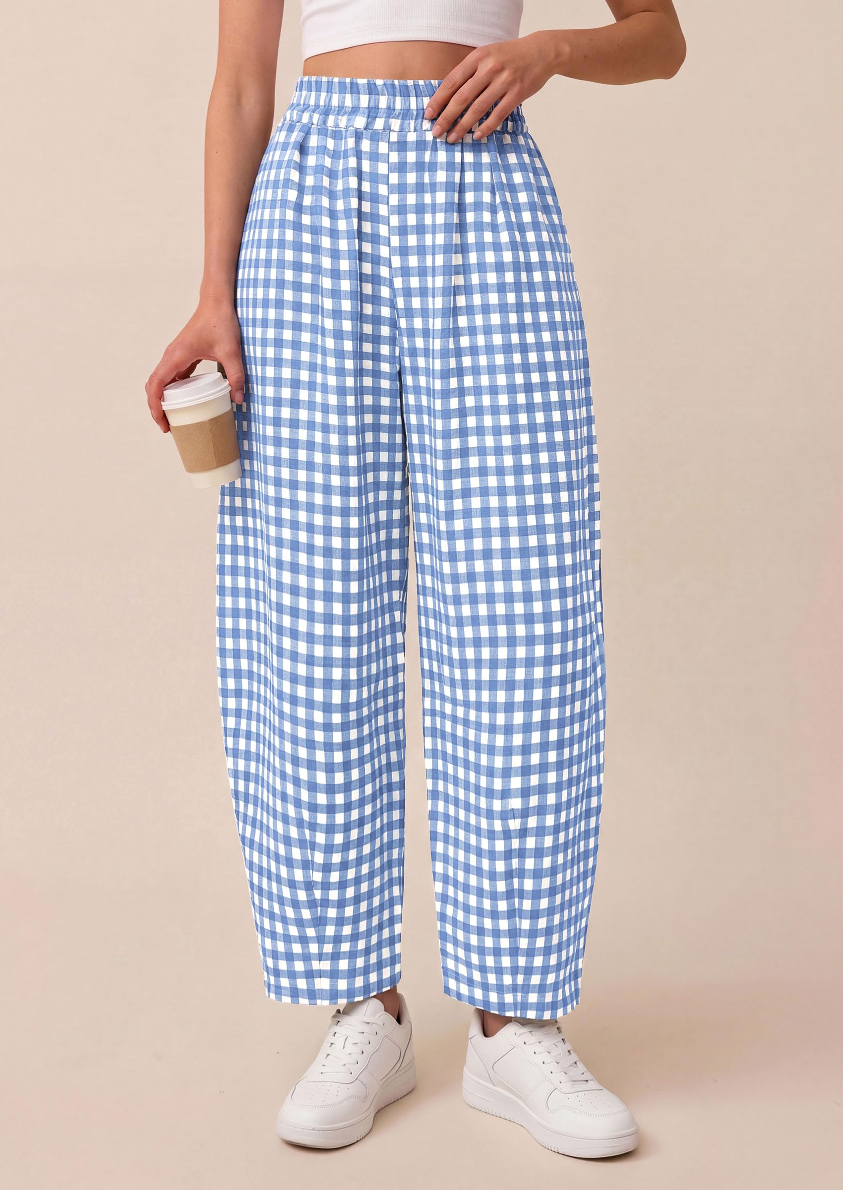 PRETTYGARDEN Plaid Barrel Pants Women Summer Casual Loose Wide Leg Lounge Gingham Trousers Spring Fashion Beach Bottoms