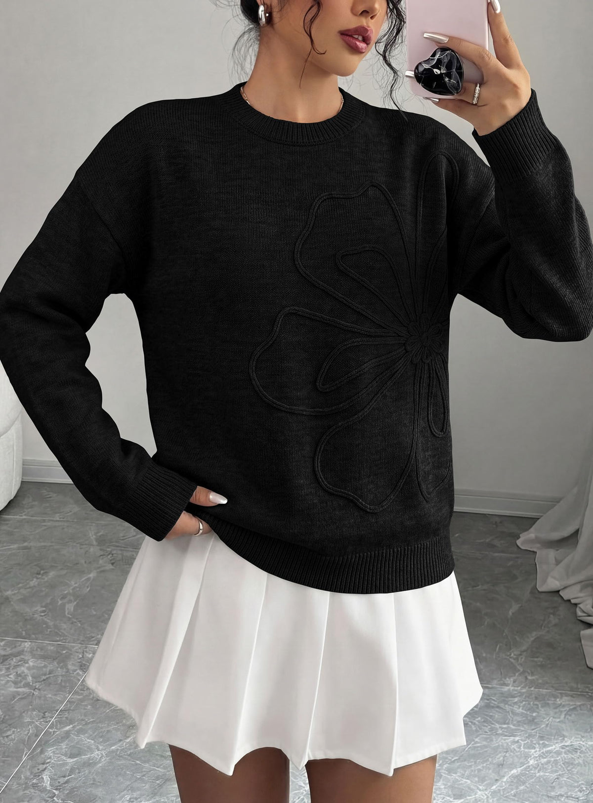 PRETTYGARDEN Women Fall Sweaters Trendy Floral Knit Pullover | Flower Embroidered Tops, Crew Neck, Soft Long Sleeve Shirts, Cozy Winter Layering Clothes for Casual Outing, Holiday Party