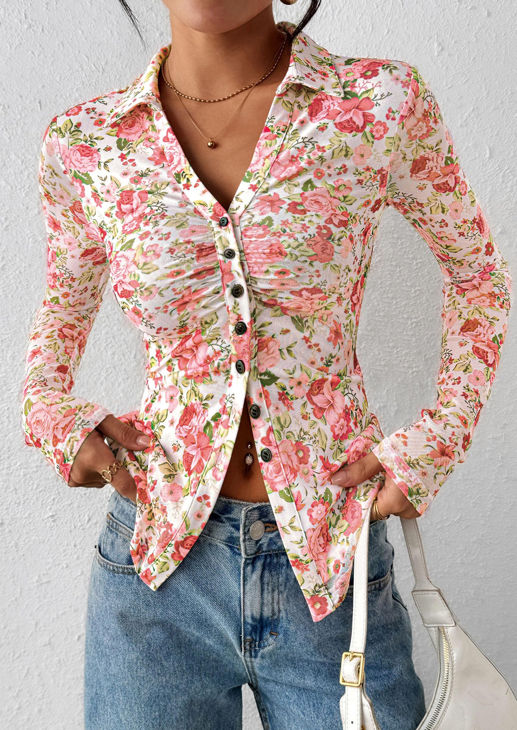 PRETTYGARDEN Women Button Down Floral Shirts Fall Trendy Long Sleeve V Neck Mesh Boho Blouse Spring Tops Date Outfits
