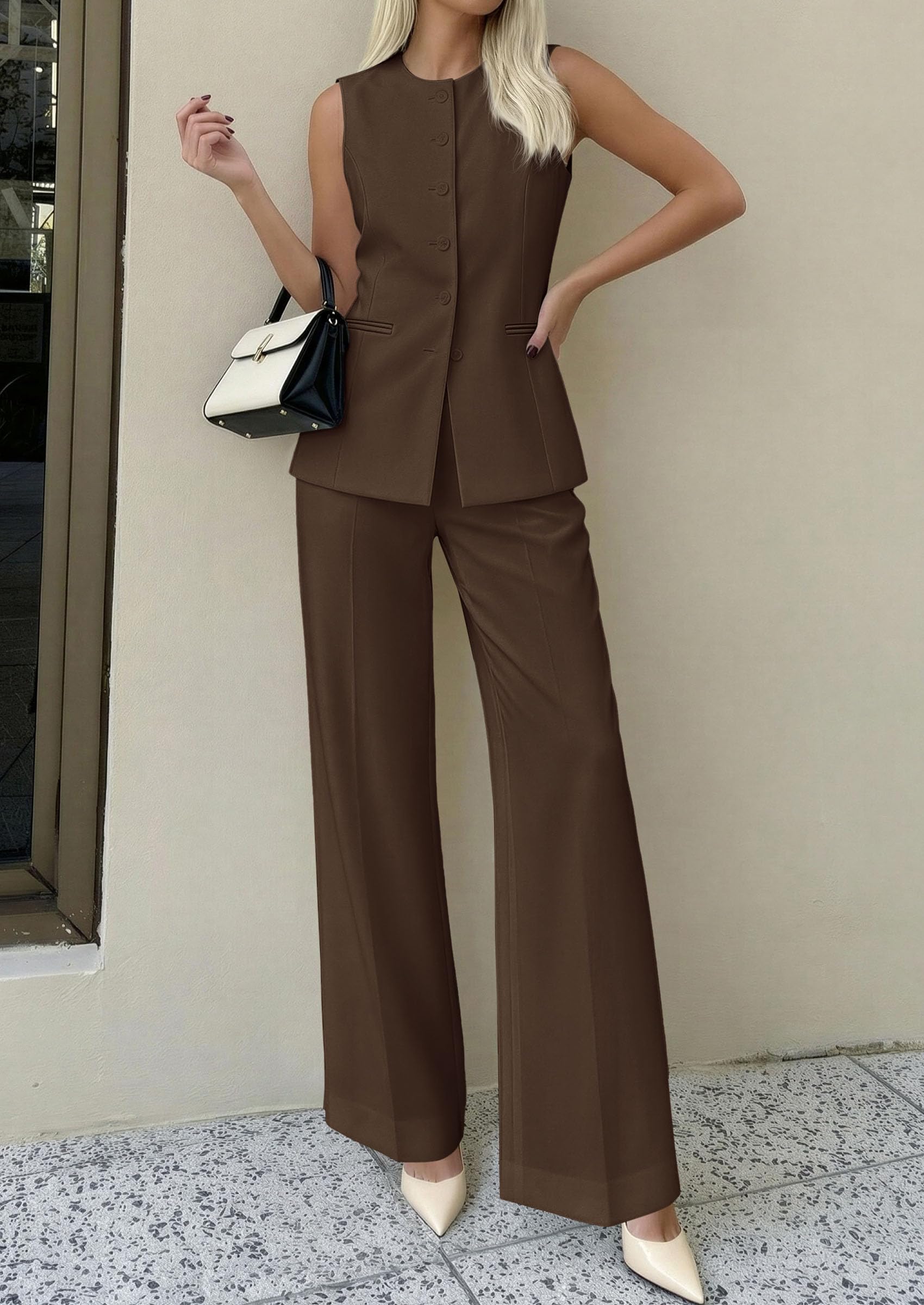 PRETTYGARDEN Women's 2 Piece Sets Summer  Work Clothes Sleeveless Blazer Vest Pants Suits Spring Business Casual Outfits