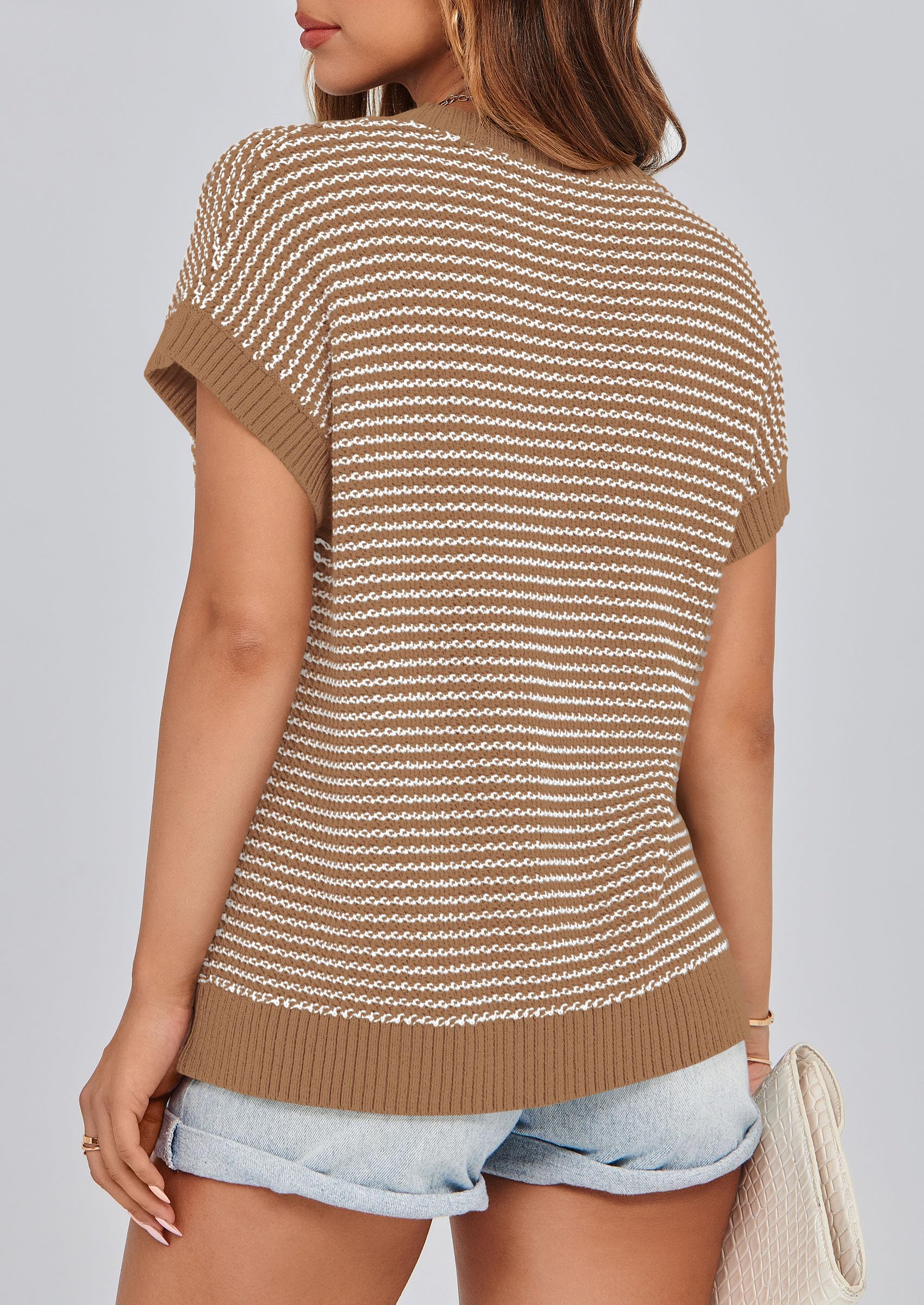 PRETTYGARDEN Womens Short Sleeve Sweater Spring Summer Round Neck Striped Pullover Cap Sleeve Knit Sweater Vest Tops
