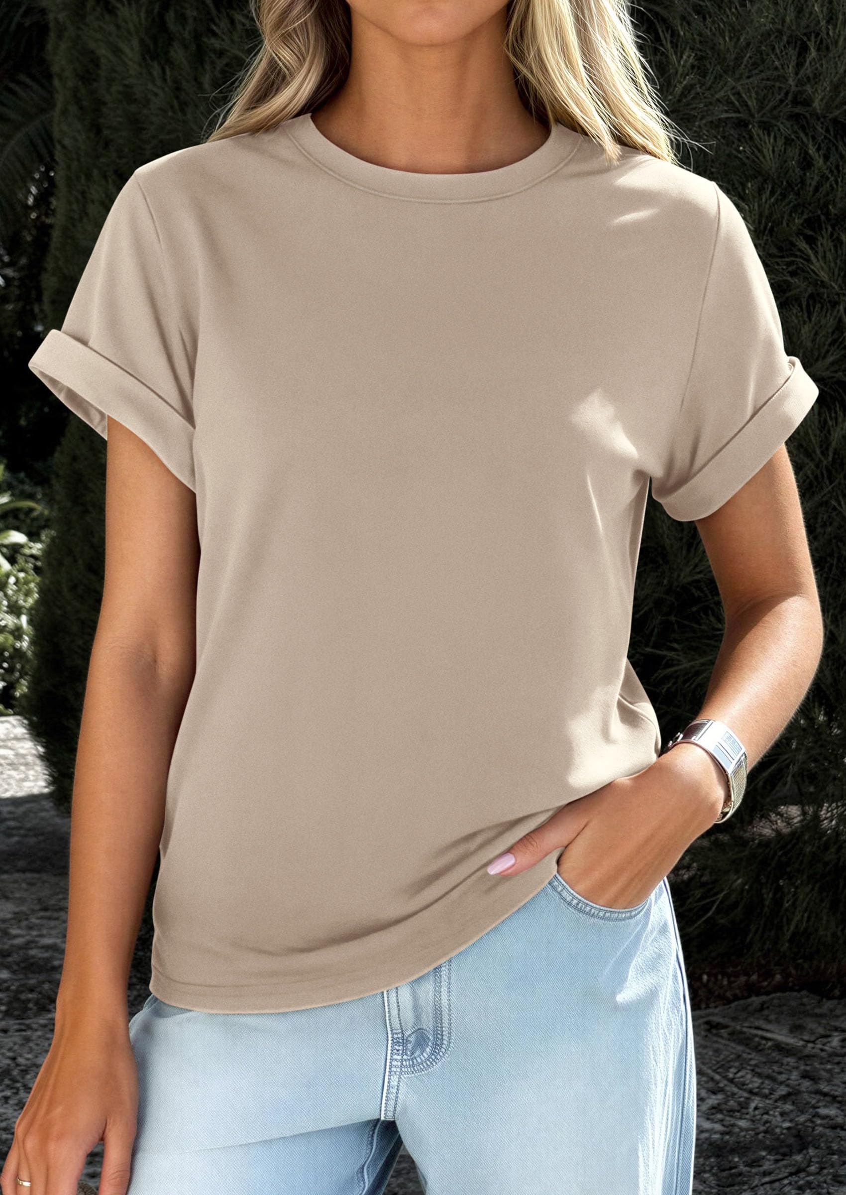 PRETTYGARDEN Womens Summer Tops Spring Casual Rolled Short Sleeve Basic Tees Crew Neck Work Shirts Fashion Clothing