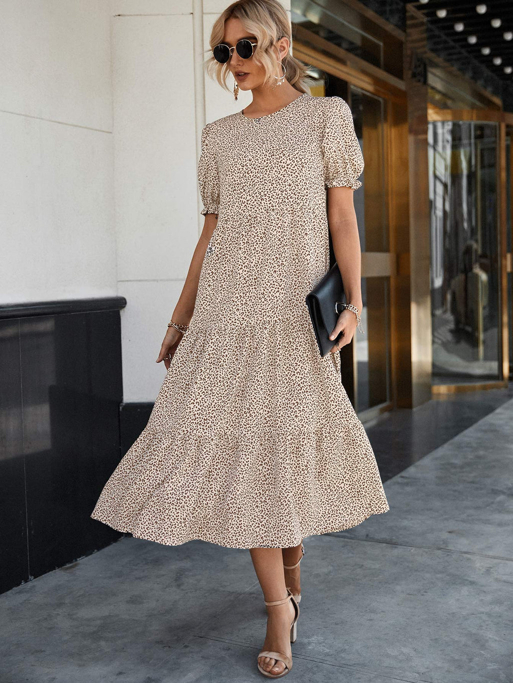 PRETTYGARDEN Summer Dresses for Women Casual Floral Boho Midi Sun Dress Puff Short Sleeve Flowy Beach Vacation Sundress