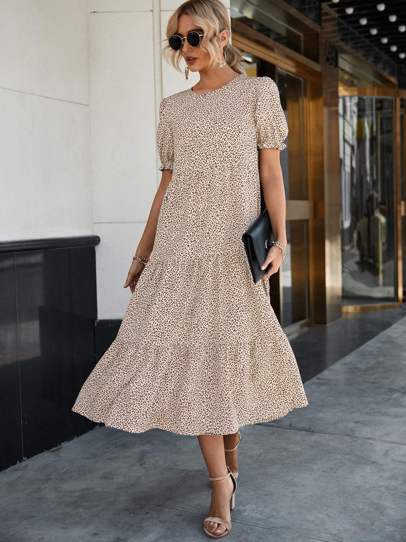 PRETTYGARDEN Summer Dresses for Women Casual Floral Boho Midi Sun Dress Puff Short Sleeve Flowy Beach Vacation Sundress