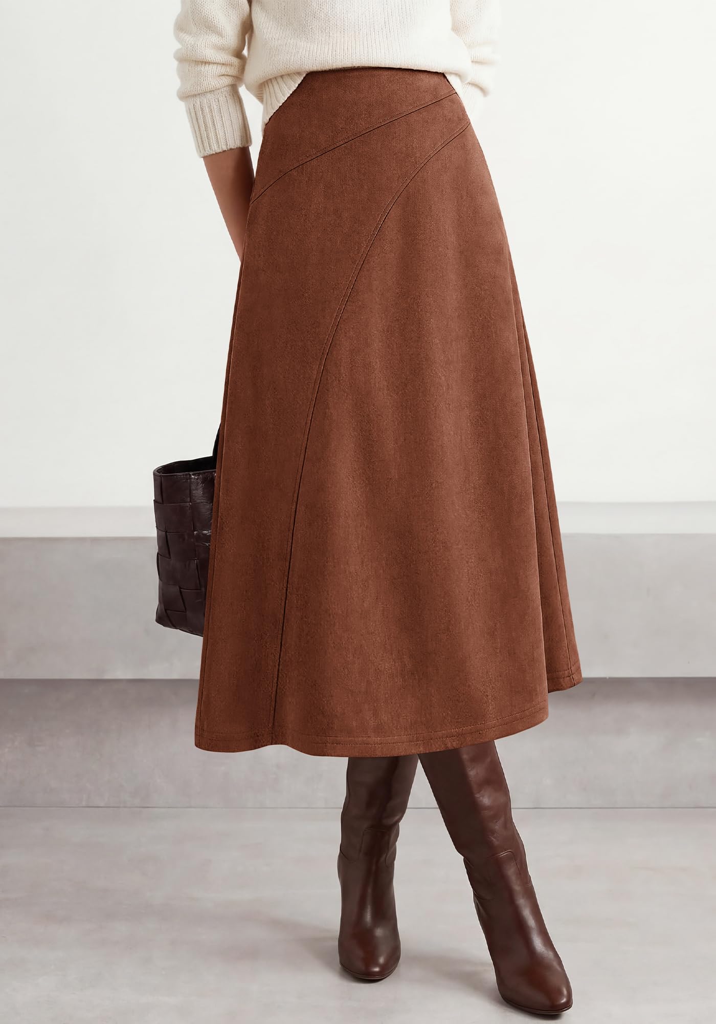 BTFBM Women Faux Suede Midi Long Skirt Fall Fashion | High Waisted Skirts For Women Trendy, Lightweight, Back Elastic, Arc Line Design, A-Line, Winter Dress, Boho Western Outfits