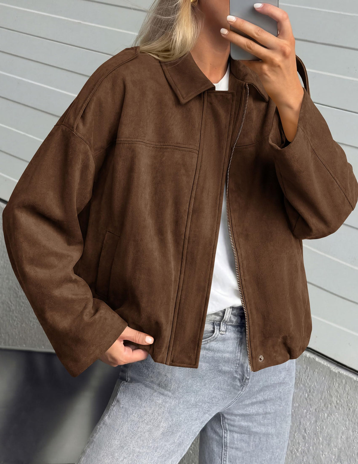 PRETTYGARDEN Women's Faux Suede Cropped Bomber Jacket | Long Sleeve Zip Up Casual Going Out Jackets Coat, Oversized Loose Fit Western Outfits, Trendy Outerwear, Fall Clothes
