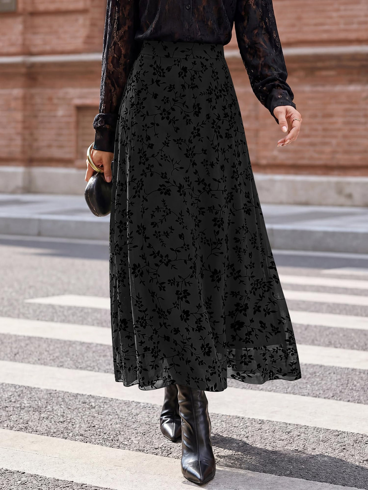 BTFBM Womens Floral Mesh Maxi Skirts Long Tulle Skirt Flowy A Line High Waist Skirts,Velvet-Like Flowers,Flocked Mesh,Double-Layered Skirt,Going Out Outfits,Early Fall Fashion