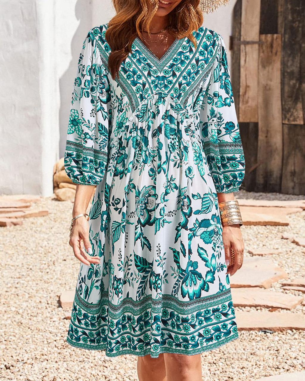BTFBM Women Casual Spring Summer Dresses V Neck 3/4 Long Sleeve Ruffle Floral Flowy Boho Babydoll Mini Short Beach Dress