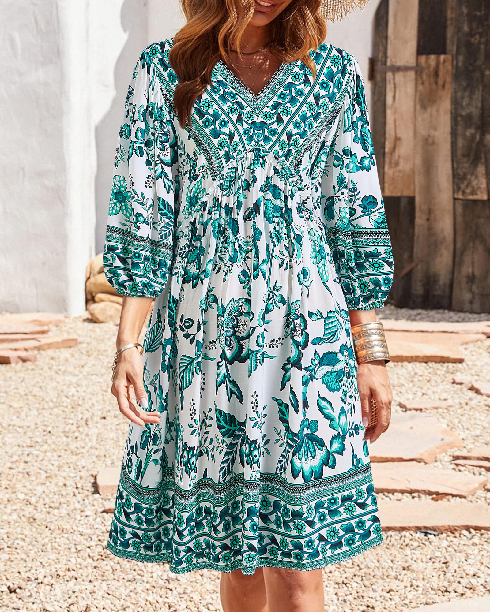 BTFBM Women Casual Spring Summer Dresses V Neck 3/4 Long Sleeve Ruffle Floral Flowy Boho Babydoll Mini Short Beach Dress