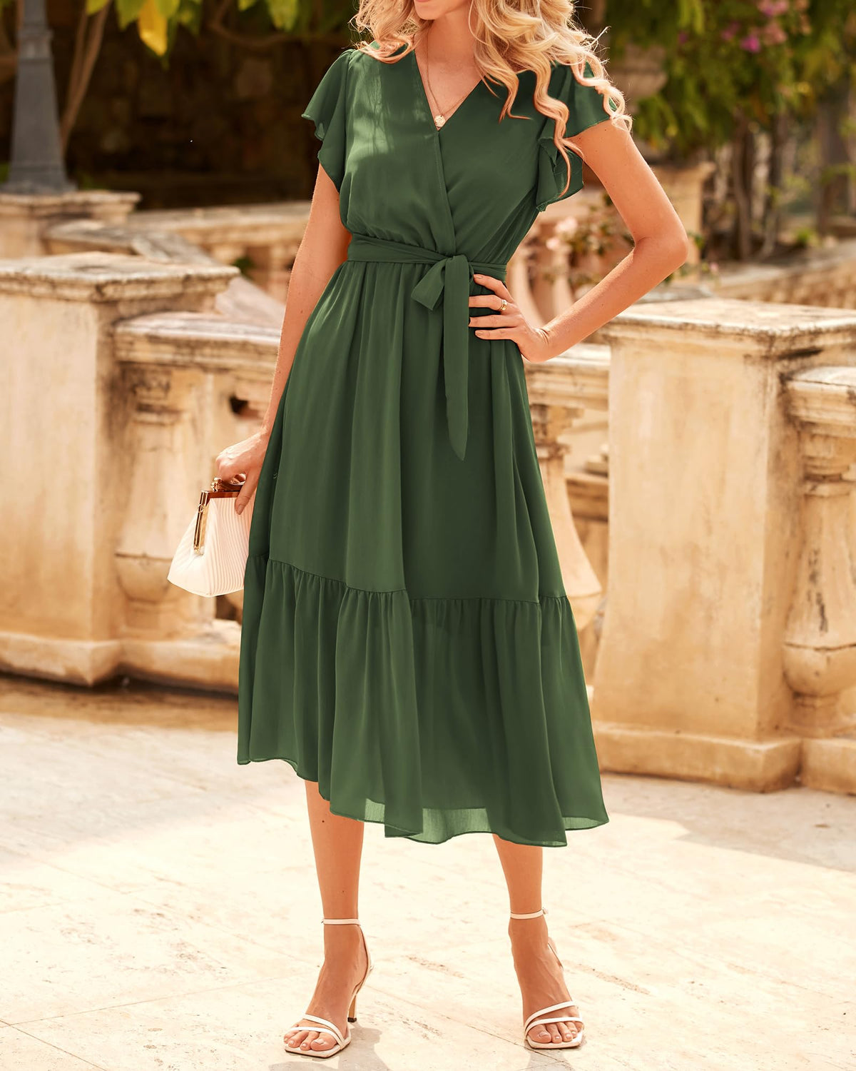 BTFBM Women Summer Casual Wrap V Neck Ruffle Cap Sleeve Belted Midi Dress Fall Swiss Dots A-line Long Wedding Guest Dresses,Elegant Floral Boho Sundress With Pockets,Spring Beach Vacation Clothes