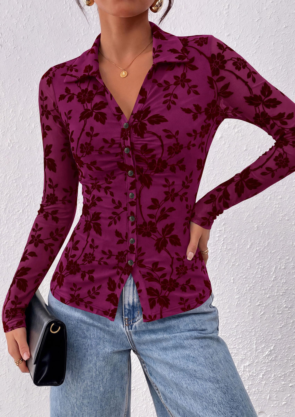 PRETTYGARDEN Women's Long Sleeve Floral Mesh Boho Tops Button Down Shirts Fall Blouses Dressy, Ruched Slim Fit, Collared V Neck, Trendy Going Out Date Night Outfit, Elegant Casual Work Office Clothes