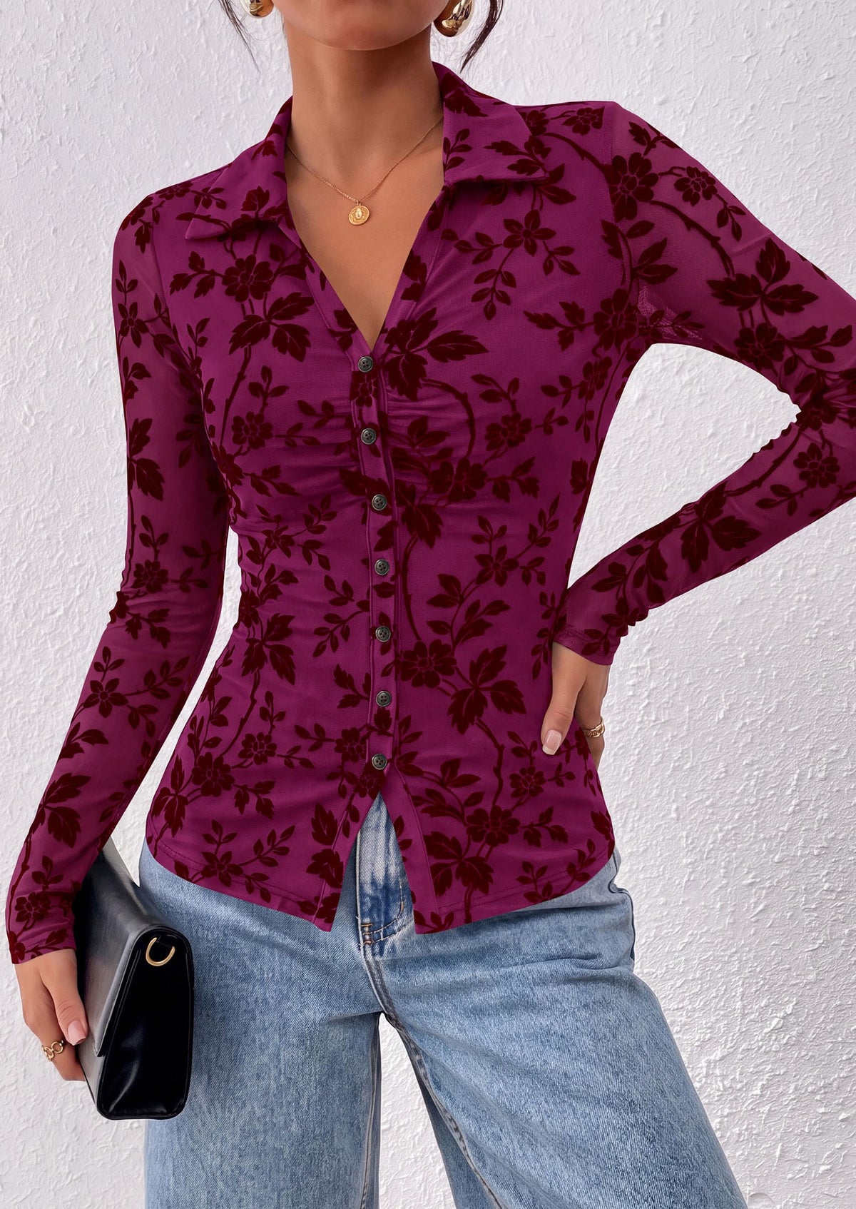 PRETTYGARDEN Women's Long Sleeve Floral Mesh Boho Tops Button Down Shirts Fall Blouses Dressy, Ruched Slim Fit, Collared V Neck, Trendy Going Out Date Night Outfit, Elegant Casual Work Office Clothes