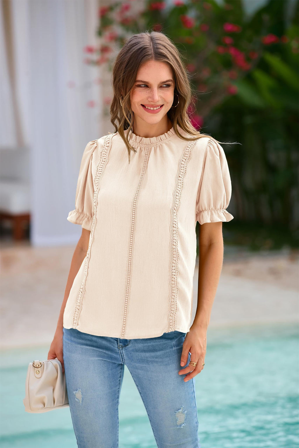 PRETTYGARDEN Womens Summer Tops Trendy Mock Neck Puff Sleeve Blouse Dressy Casual Business Western Shirts Spring Clothes