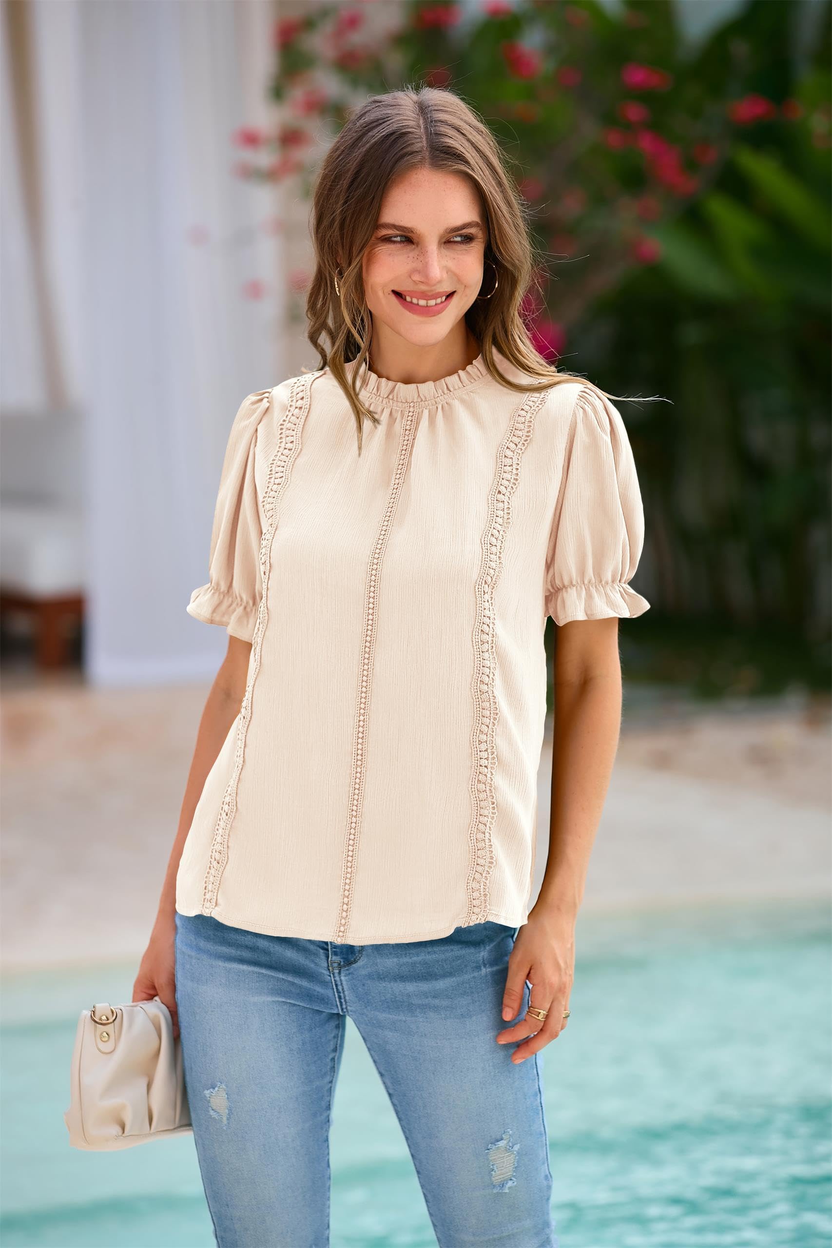 PRETTYGARDEN Womens Summer Tops Trendy Mock Neck Puff Sleeve Blouse Dressy Casual Business Western Shirts Spring Clothes