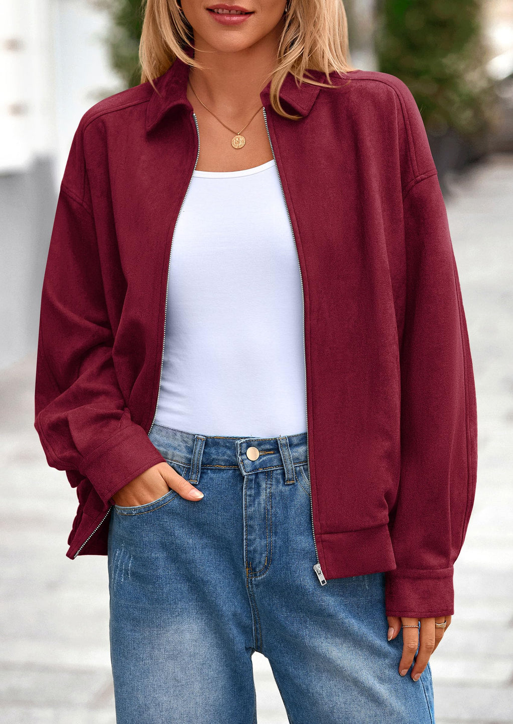 PRETTYGARDEN Faux Suede Bomber Jacket Women Fall Fashion Casual Zip Up Oversized Trendy Winter Clothing Outerwear Coats
