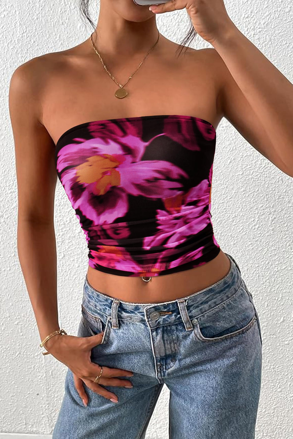 FreshPretty Womens Fashion Summer Floral Mesh Tube Top Ruched Going Out Bandeau Sleeveless Strapless Crop Tops Y2k Clothes