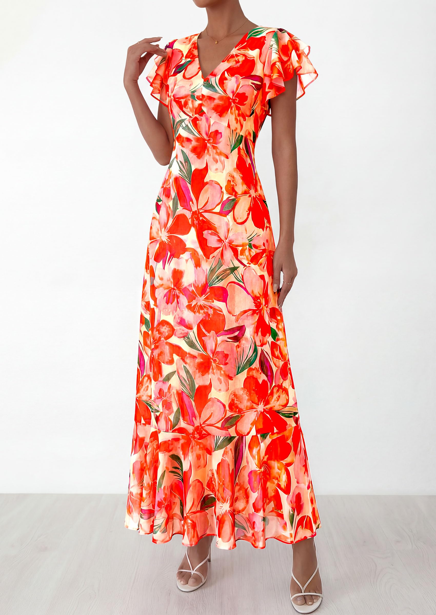 PRETTYGARDEN Womens Summer Floral Maxi Dresses Spring Short Sleeve Ruffle V Neck Flowy Boho Long Beach Vacation Sundress