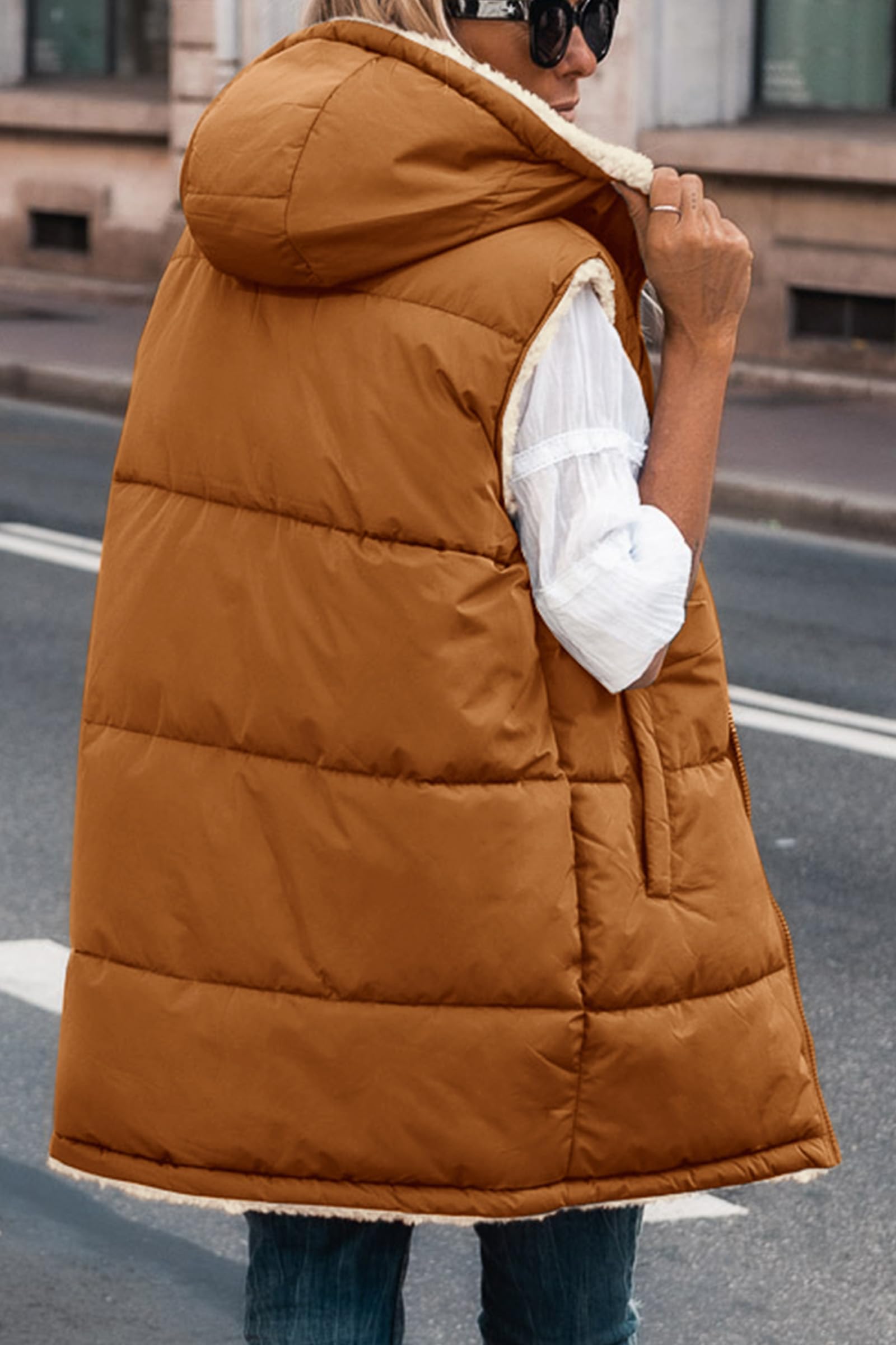 PRETTYGARDEN Womens Fall Reversible Long Vests Sleeveless Fleece Jacket Zip Up Hoodie Pockets Warm Coat Winter Clothing