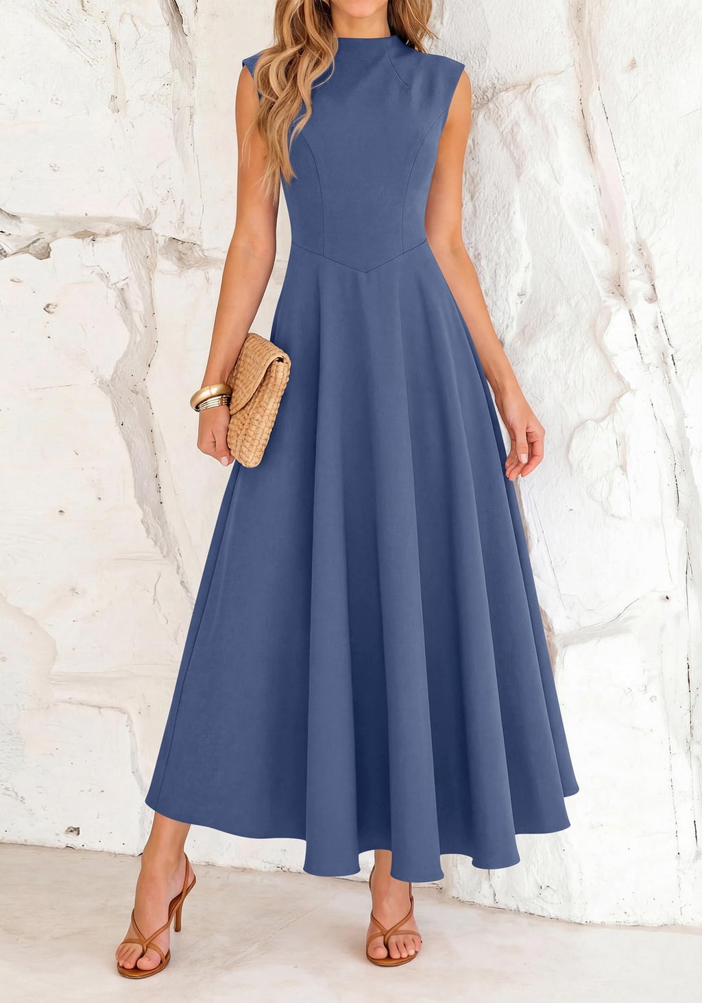 BTFBM Summer Dresses for Women Mock Neck Sleeveless High Waist Flowy Aline Maxi Spring Wedding Guest Dress Cocktail
