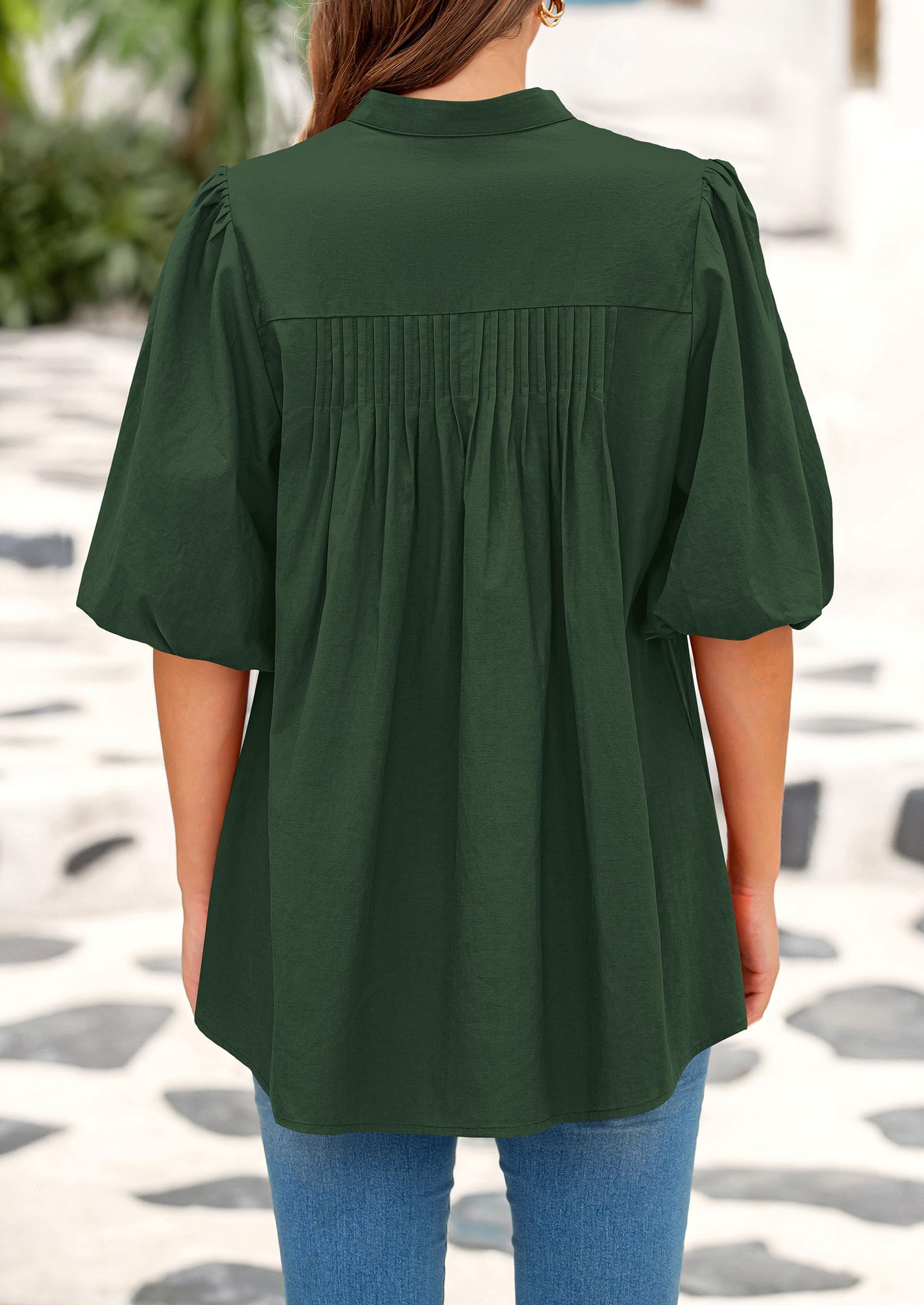 PRETTYGARDEN Women's  Summer Short Lantern Sleeve Tops Loose Fit Button Down Shirt Pleated V Neck Blouses Trendy Clothes