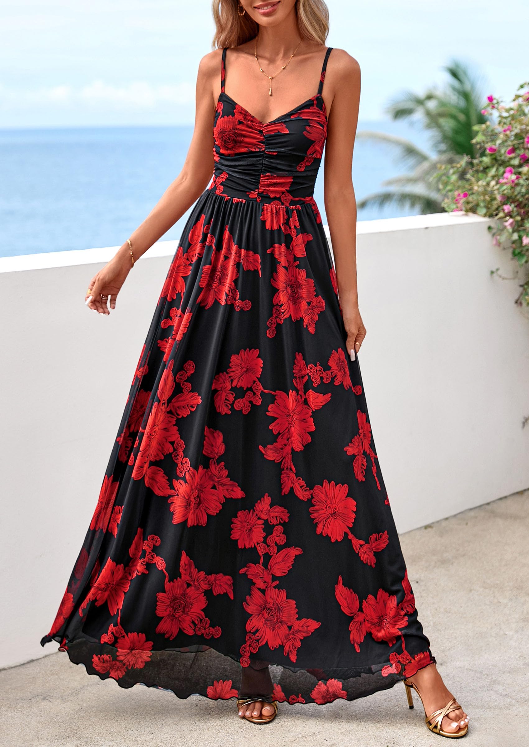 PRETTYGARDEN Women Summer Floral Maxi Dress Spirng Spaghetti Strap Mesh Boho Sundress Party Beach Vacation Long Dresses