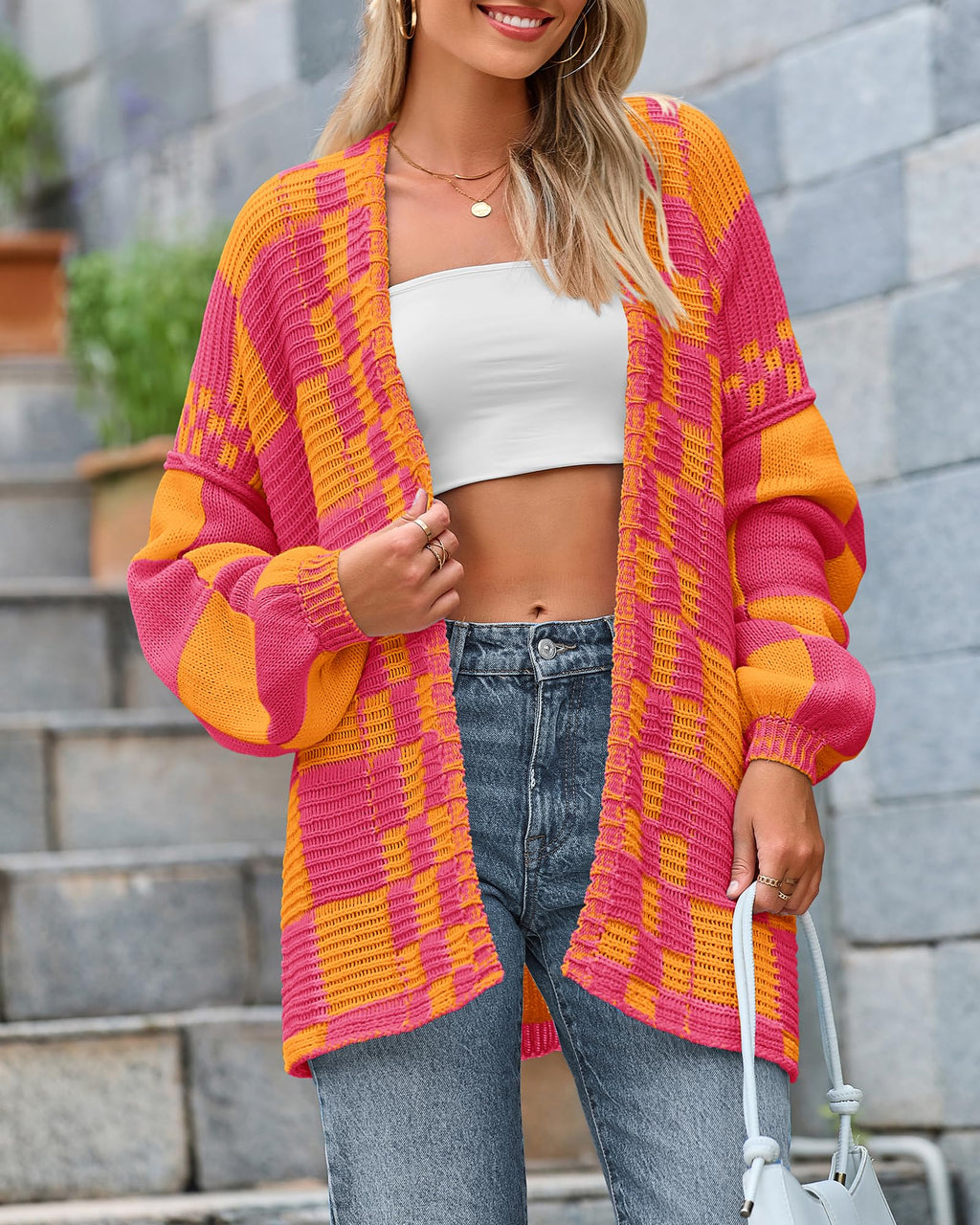 BTFBM Casual Cardigan Sweater for Women Fall Long Sleeve Sweaters Fall Outfits, Loose Fit,Solid,Open Front Chunky Knit Sweaters,Chunky Cardigan Sweaters For Women,Checkered Outwear Coat