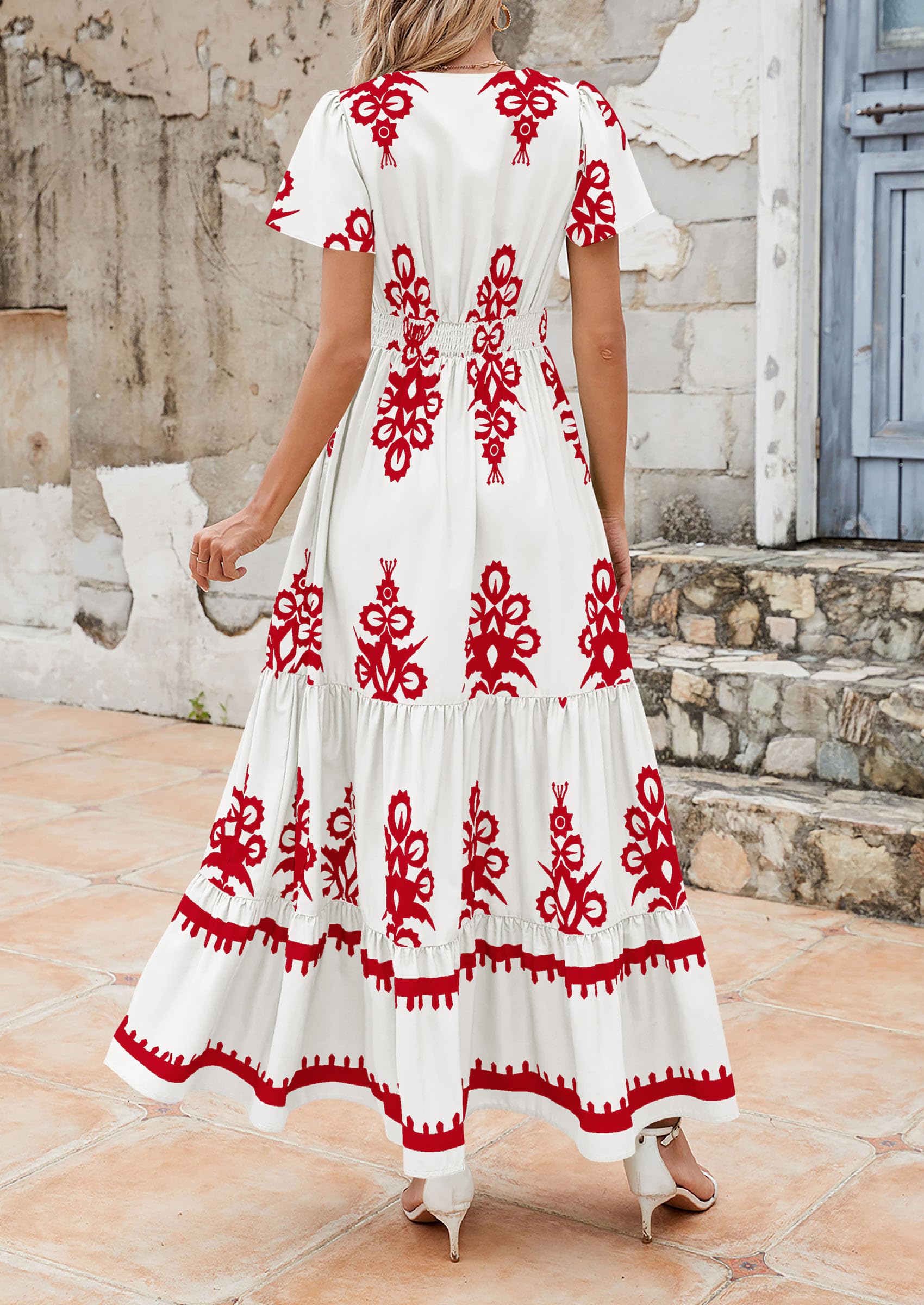 PRETTYGARDEN Womens Summer Casual V Neck Boho Maxi Dress Flowy Aline Bell Sleeve Tiered Floral Dresses with Pocket