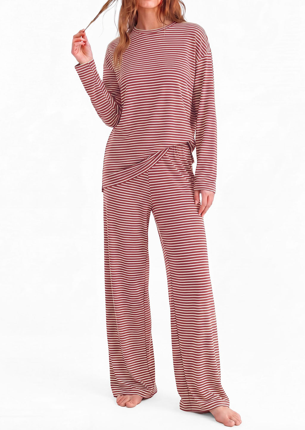 PRETTYGARDEN Womens Striped Lounge Set Fall Winter 2 Piece Sets Side Slit Long Sleeve T-Shirts & Wide Leg Pants, Matching Pajama Sets, Comfy Pj Set, Loungewear with Pockets, Fashion Clothes
