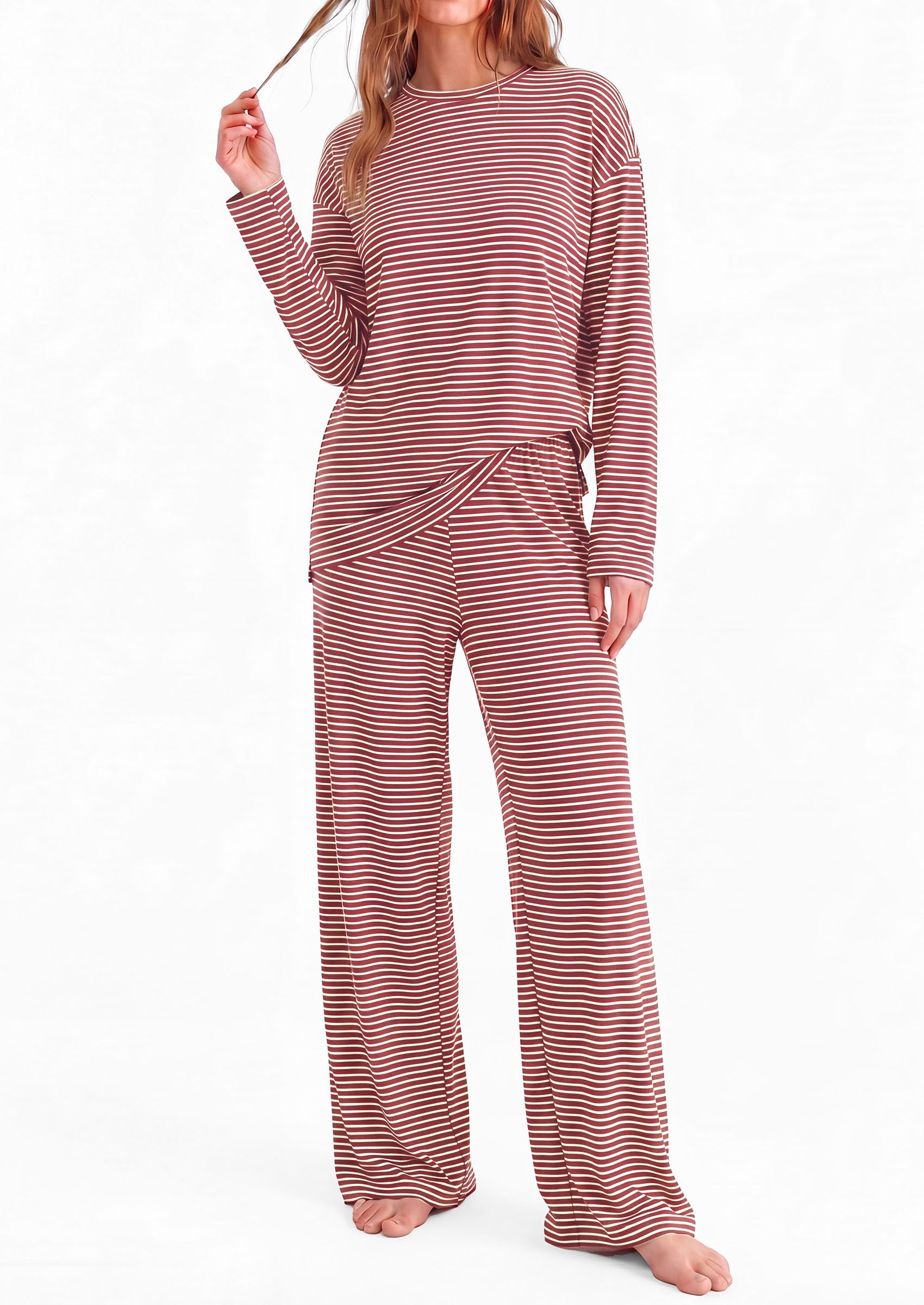 PRETTYGARDEN Womens Striped Lounge Set Fall Winter 2 Piece Sets Side Slit Long Sleeve T-Shirts & Wide Leg Pants, Matching Pajama Sets, Comfy Pj Set, Loungewear with Pockets, Fashion Clothes