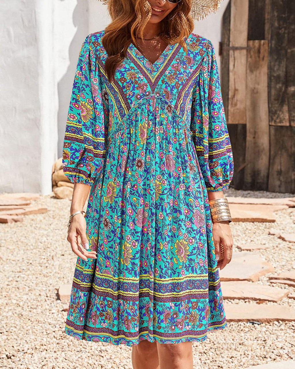 BTFBM Women Casual Spring Summer Dresses V Neck 3/4 Long Sleeve Ruffle Floral Flowy Boho Babydoll Mini Short Beach Dress