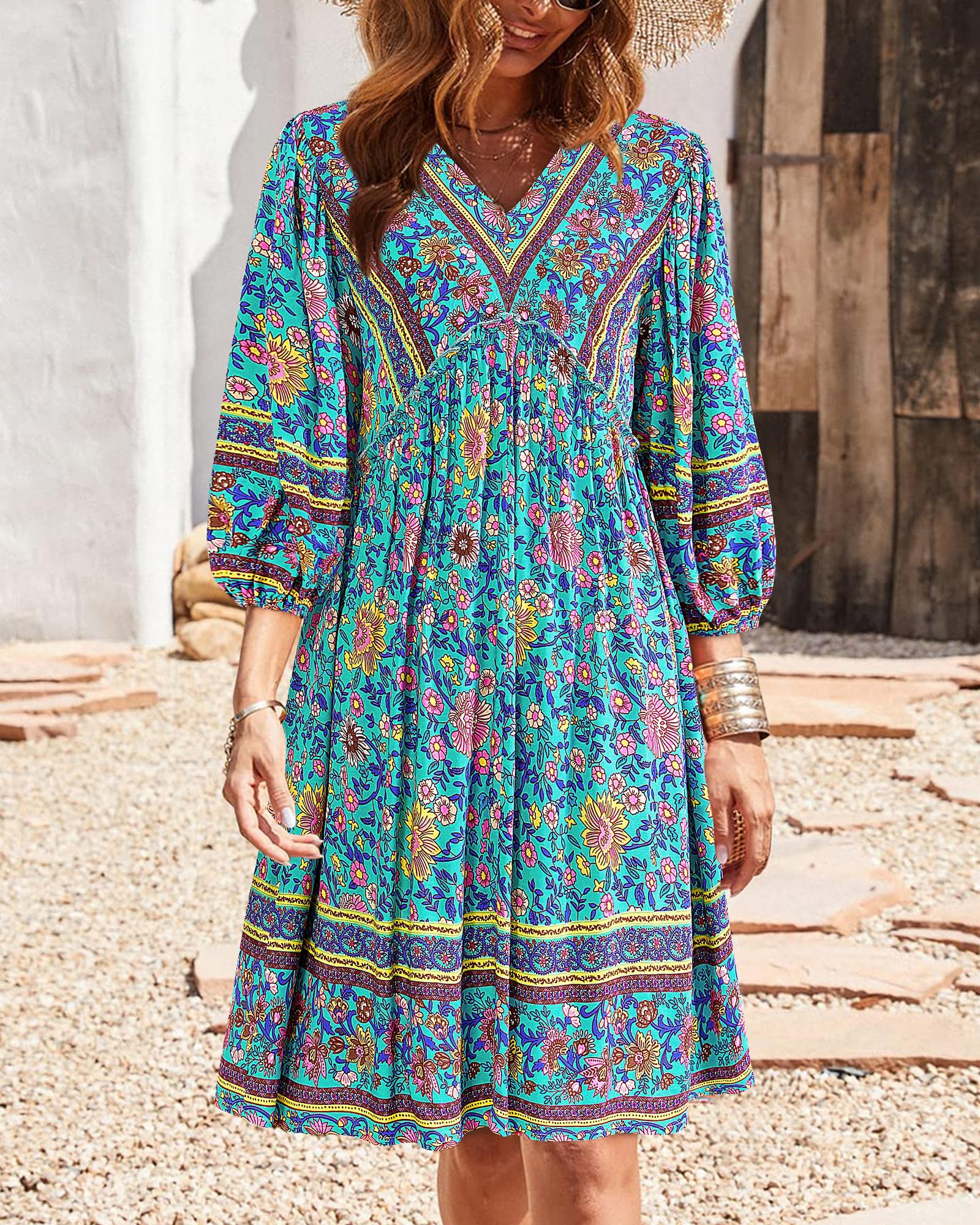 BTFBM Women Casual Spring Summer Dresses V Neck 3/4 Long Sleeve Ruffle Floral Flowy Boho Babydoll Mini Short Beach Dress